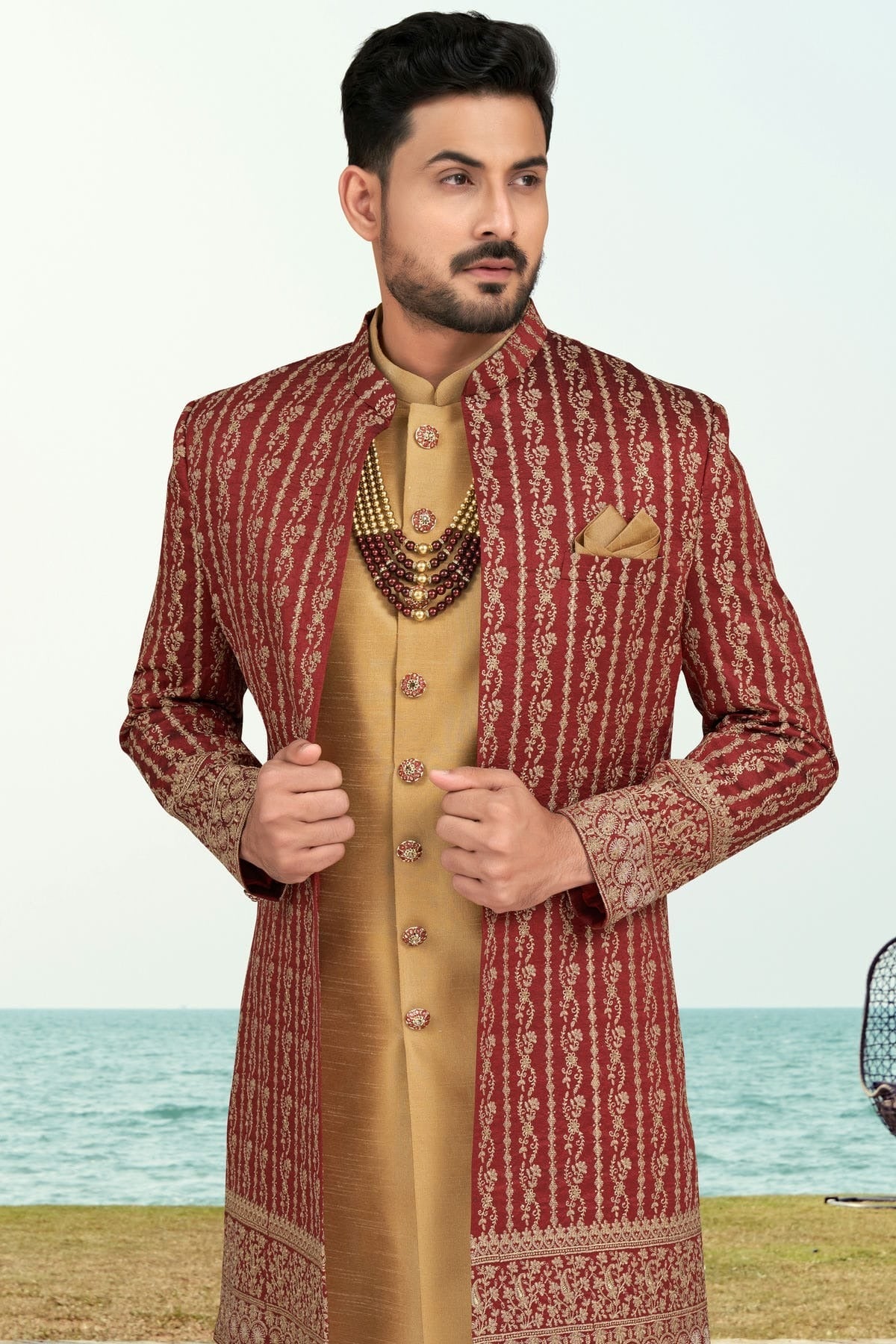 Maroon Colour Banarasi Silk Sherwani SH1040521 A