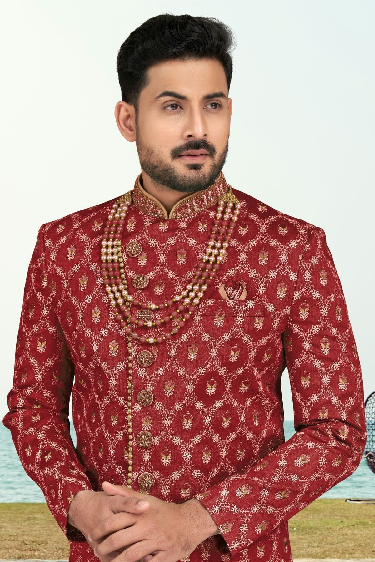 Maroon Colour Banarasi Silk Sherwani SH1040528 A