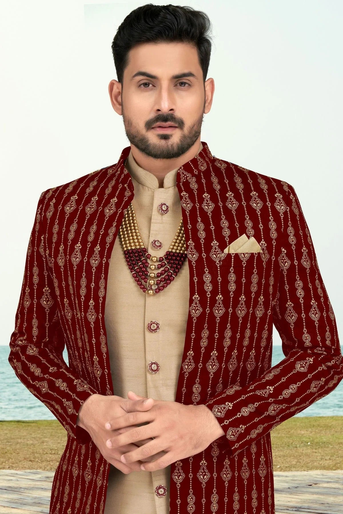 Maroon Colour Banarasi Silk Sherwani SH1040533 A