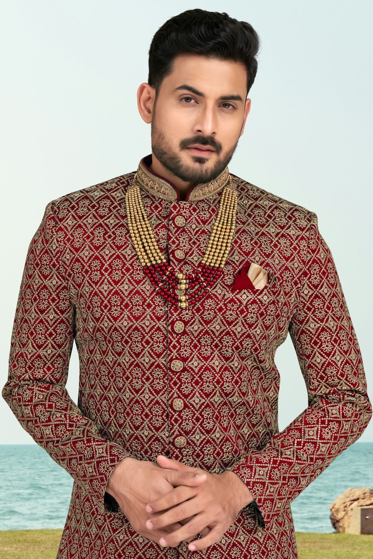 Maroon Colour Banarasi Silk Sherwani SH1040540 A