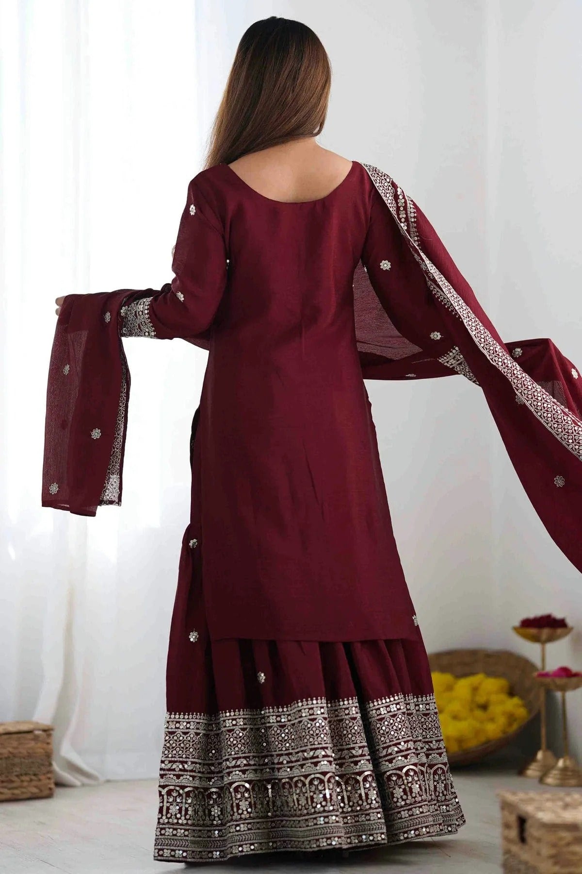 Maroon Colour Chinon Silk Stitched Suit SS1113000 A