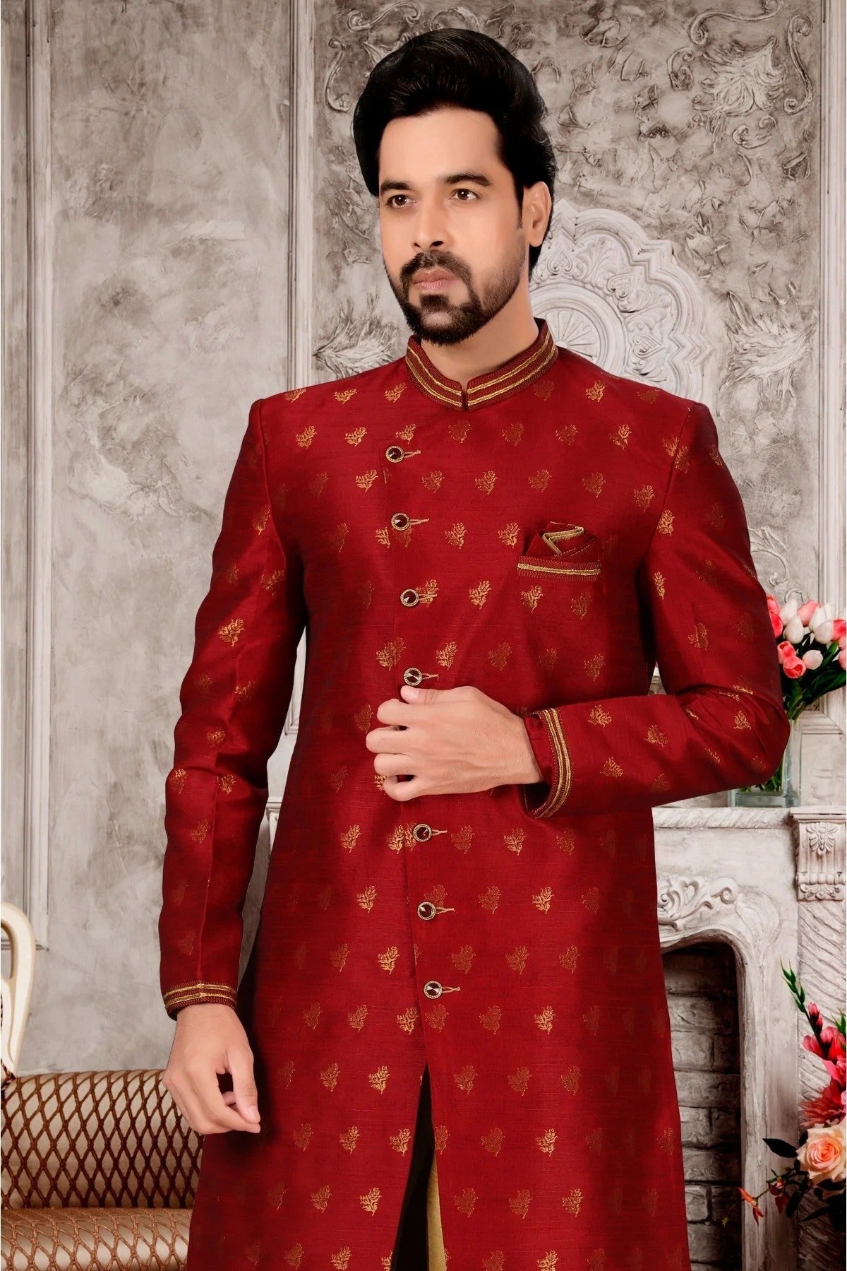 Maroon Colour Jacquard Sherwani SH1040280 A