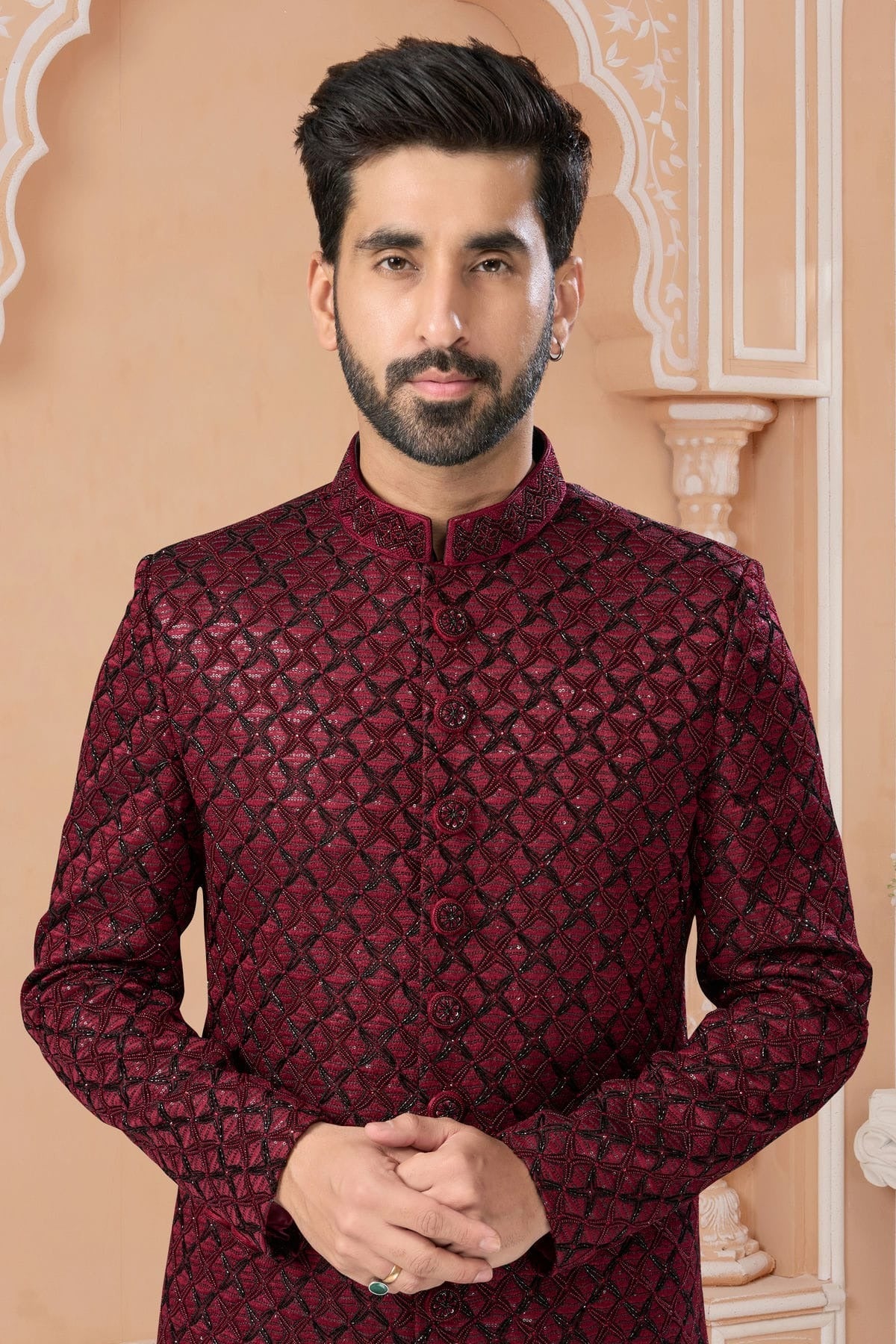 Maroon Colour Jacquard Sherwani SH1040574 A