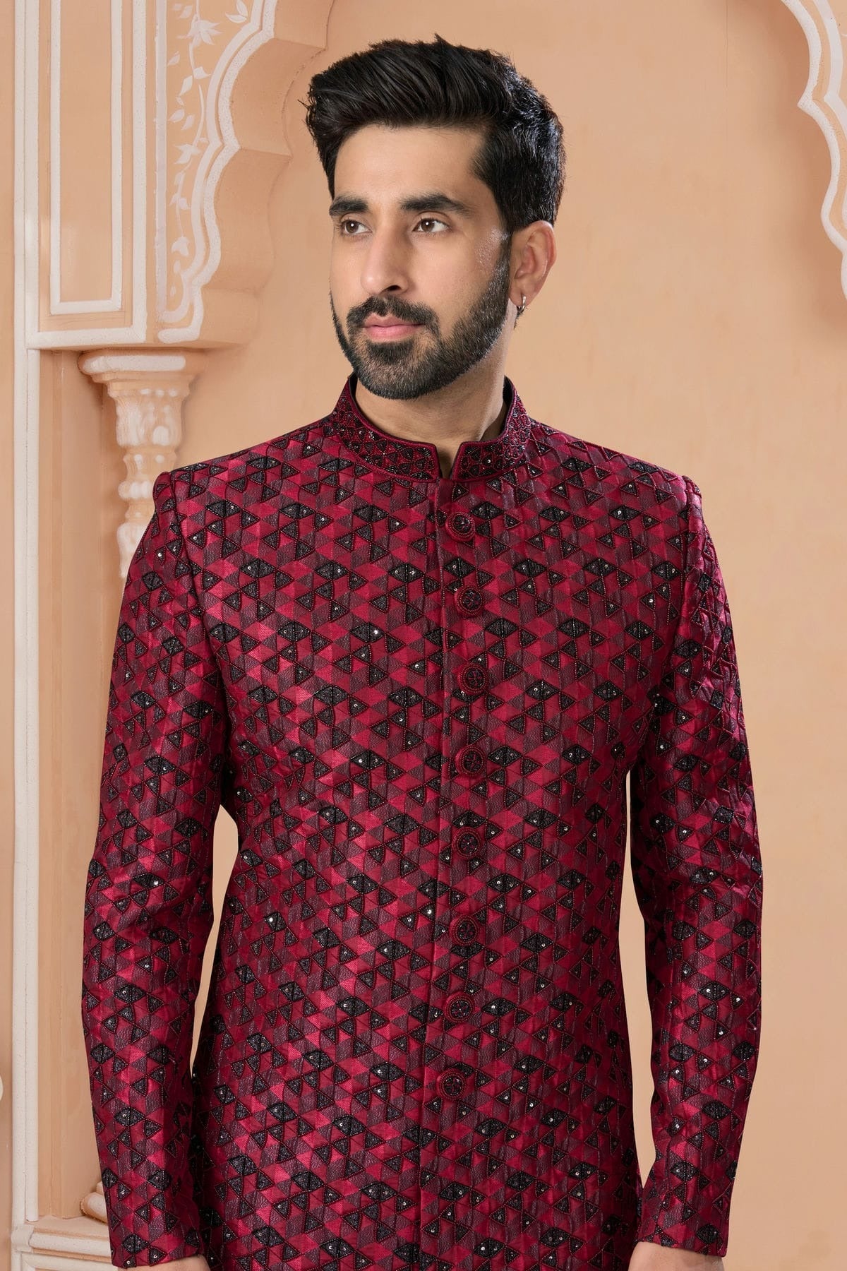 Maroon Colour Jacquard Sherwani SH1040578 A