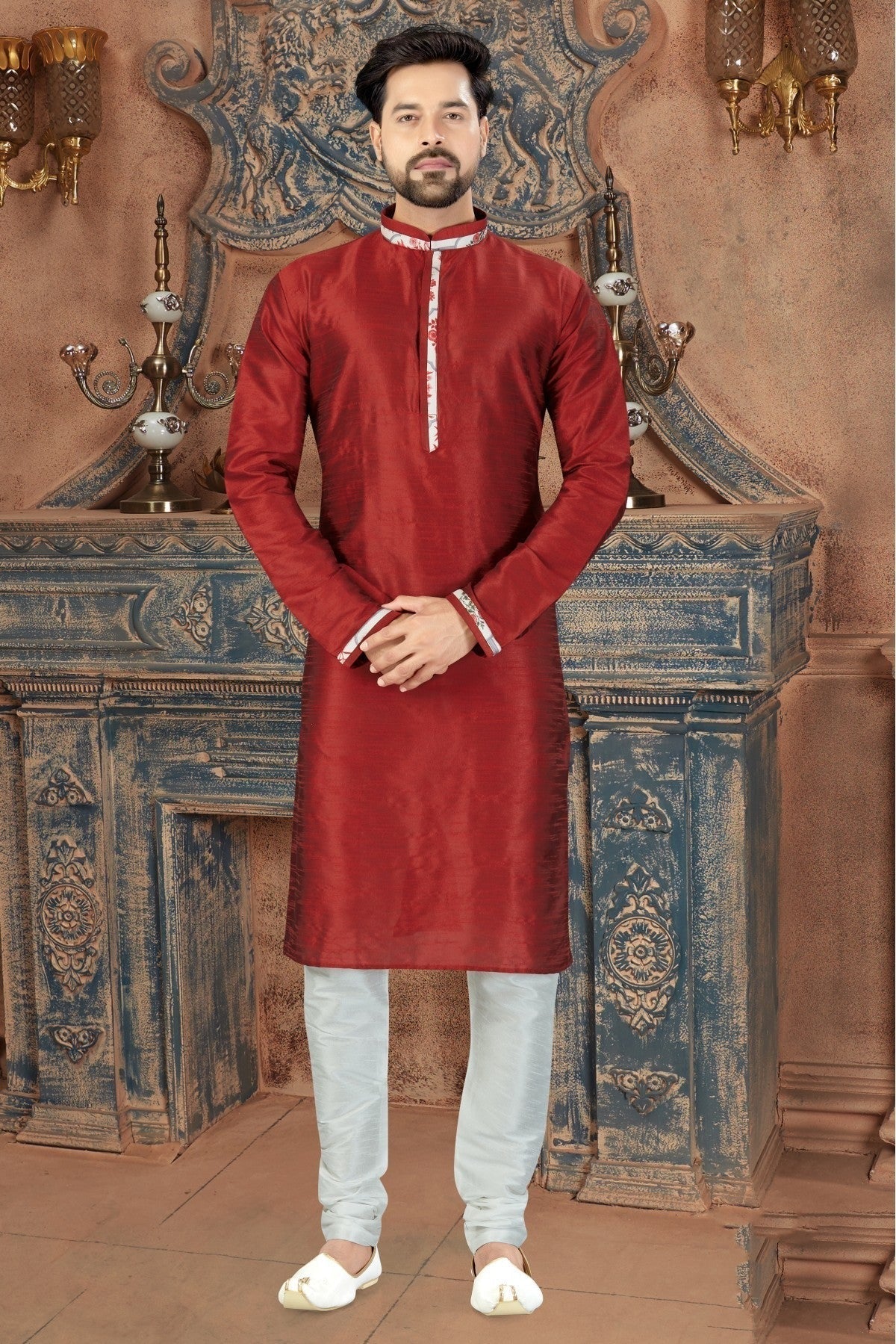 Maroon Colour Kurta Pajama In Art Dhupion Fabric KP1040087