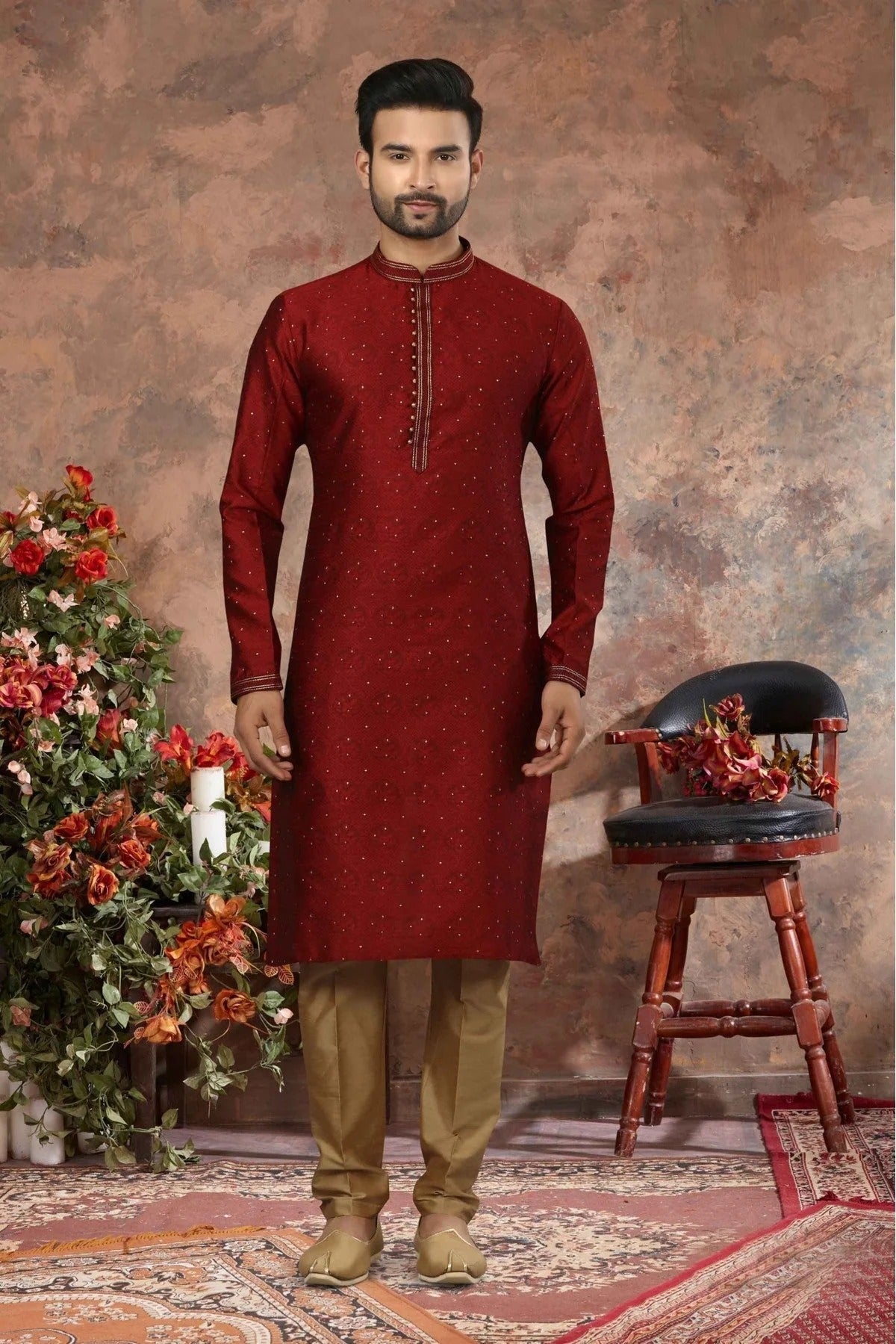 Maroon Colour Kurta Pajama In Jacquard Fabric KP1040131