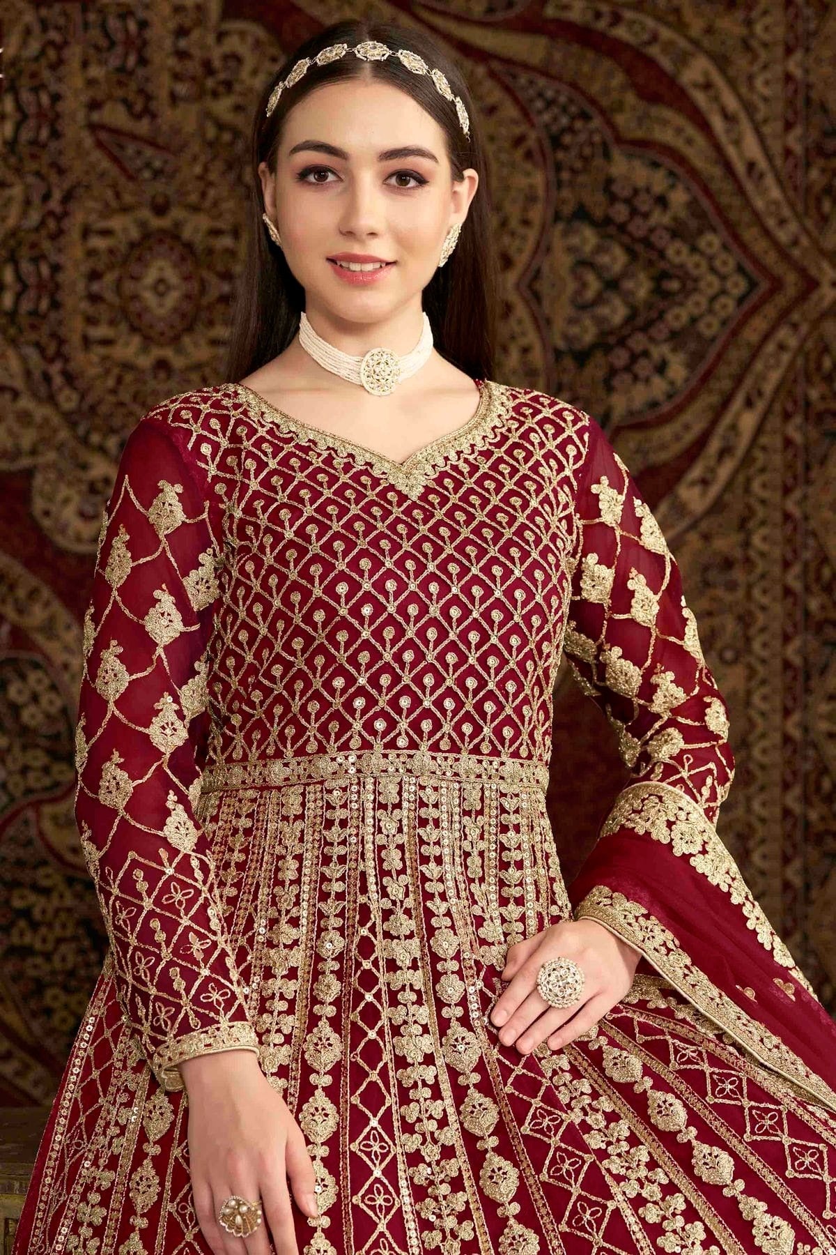 Maroon Colour Net Semi Stitched Anarkali Suit SM1050696 B