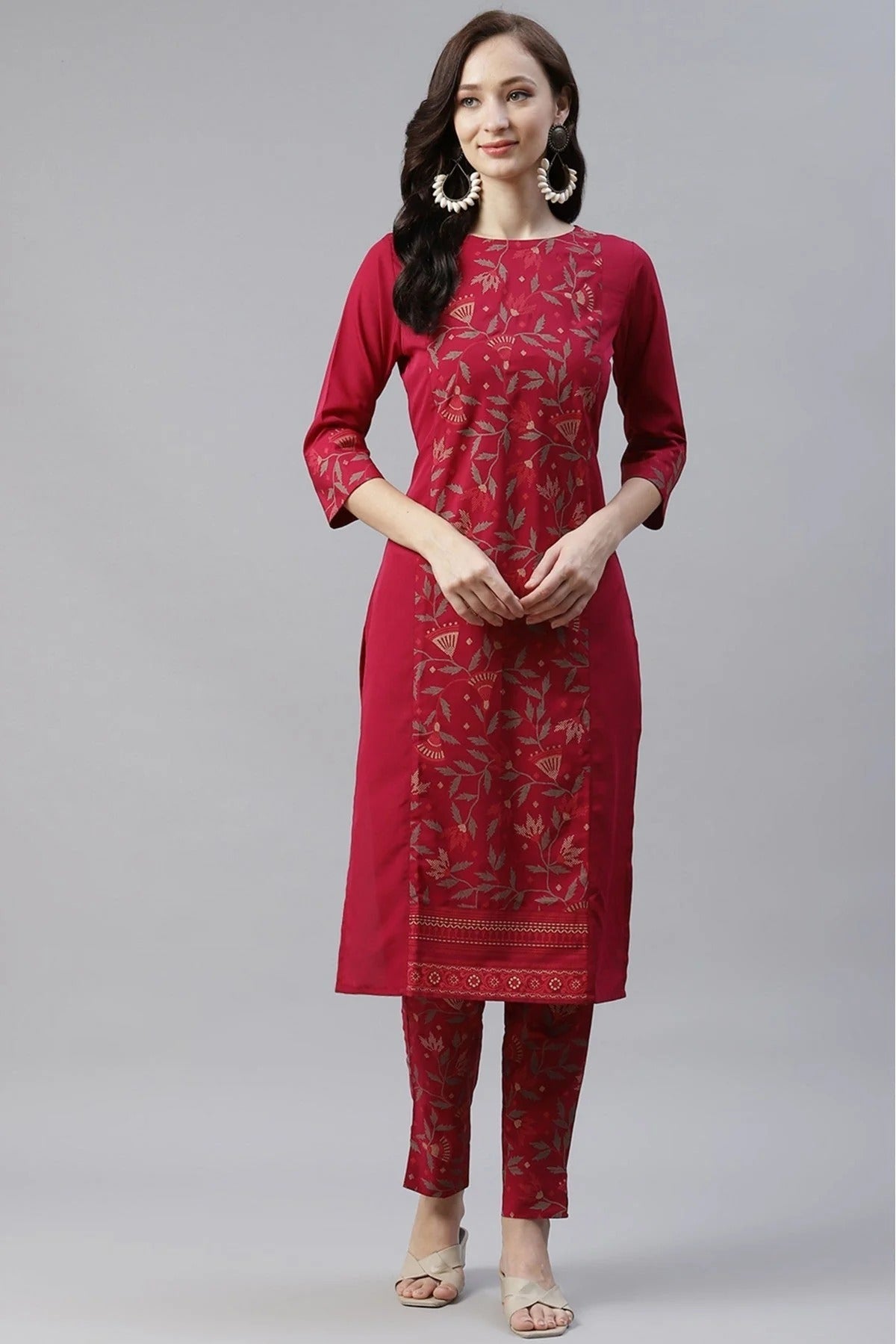 Maroon Colour Plus Size Crepe Foil Print Kurti With Pant Set KR1060086