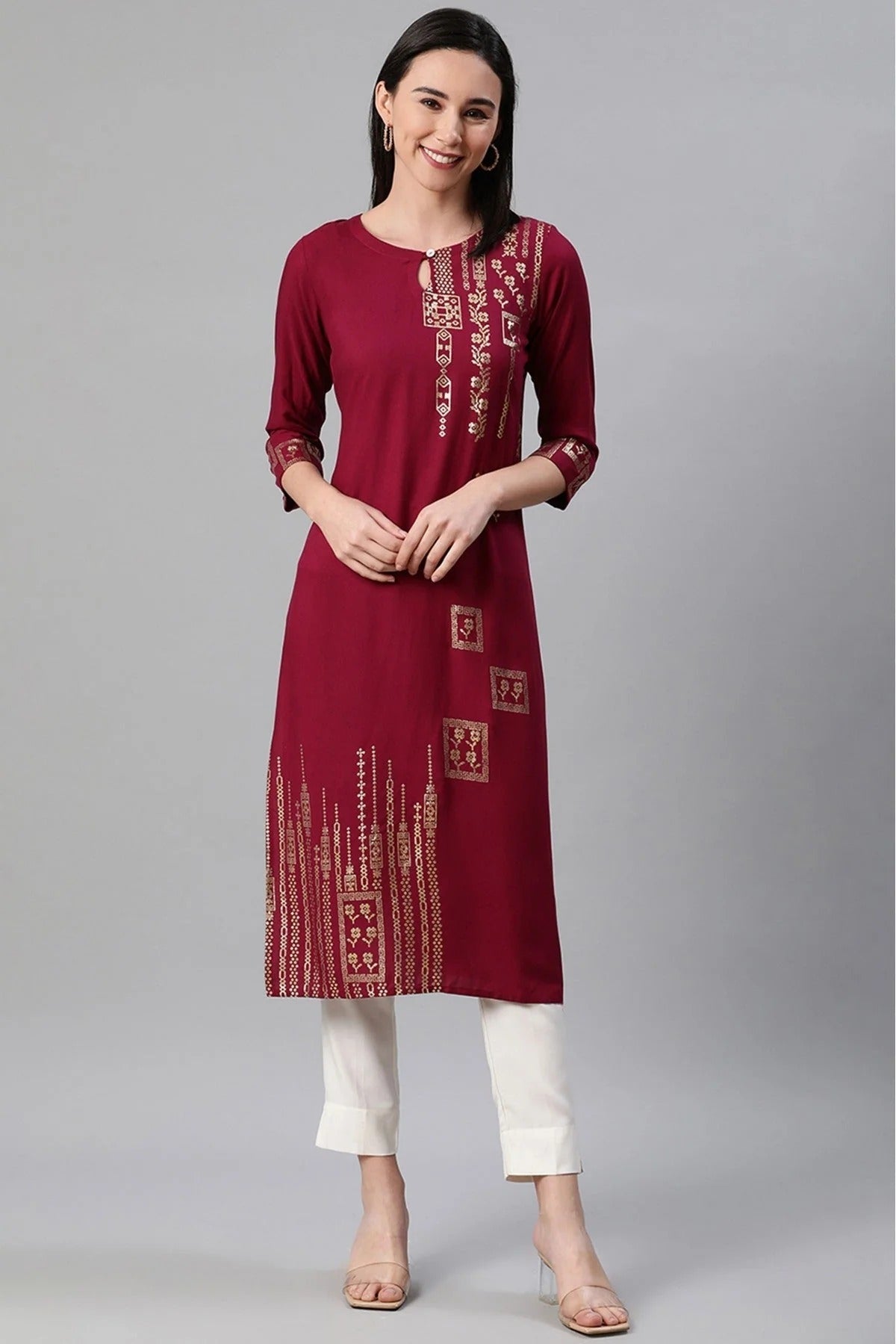 Maroon Colour Plus Size Rayon Foil Print Kurti With Pant Set KR1060071
