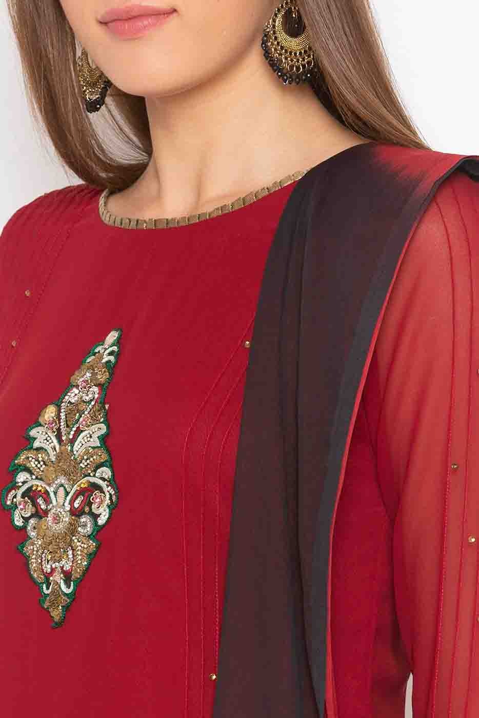 Maroon Colour Plus Size Stitched Georgette Embroidery Palazzo Pant Suit BW1070292 B