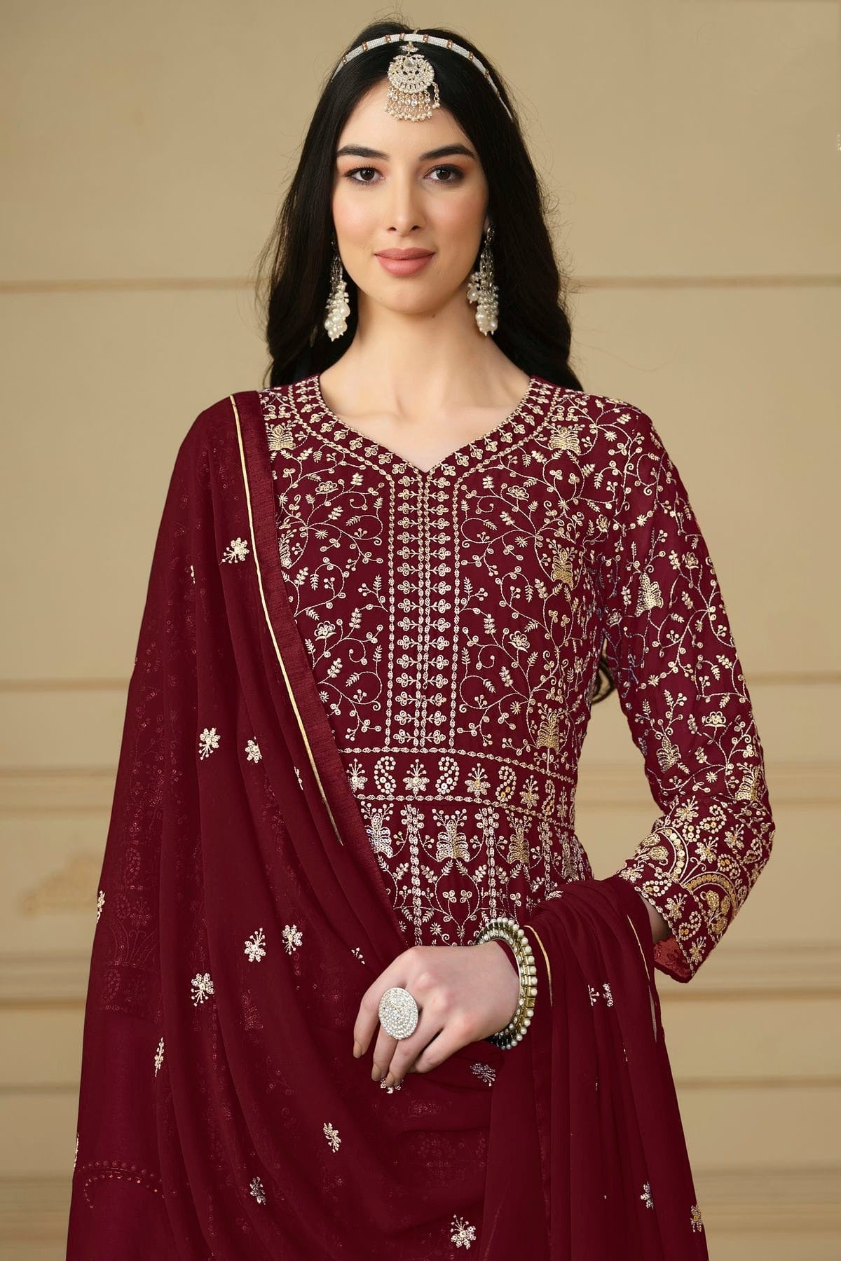 Maroon Colour Semi Stitched Faux Georgette Anarkali Suit SM1050480 A