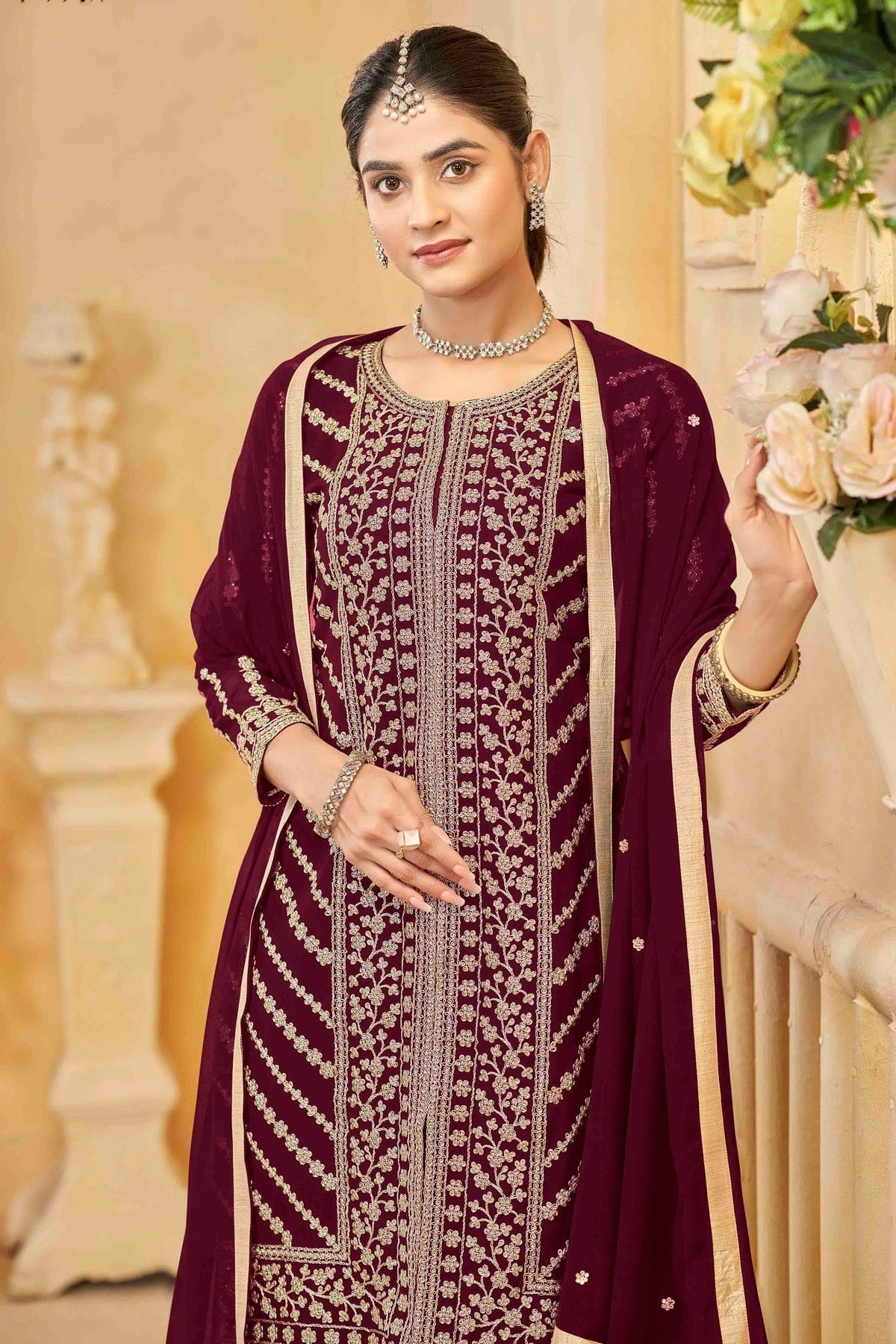 Maroon Colour Semi Stitched Faux Georgette Sharara Suit SM1050750 B