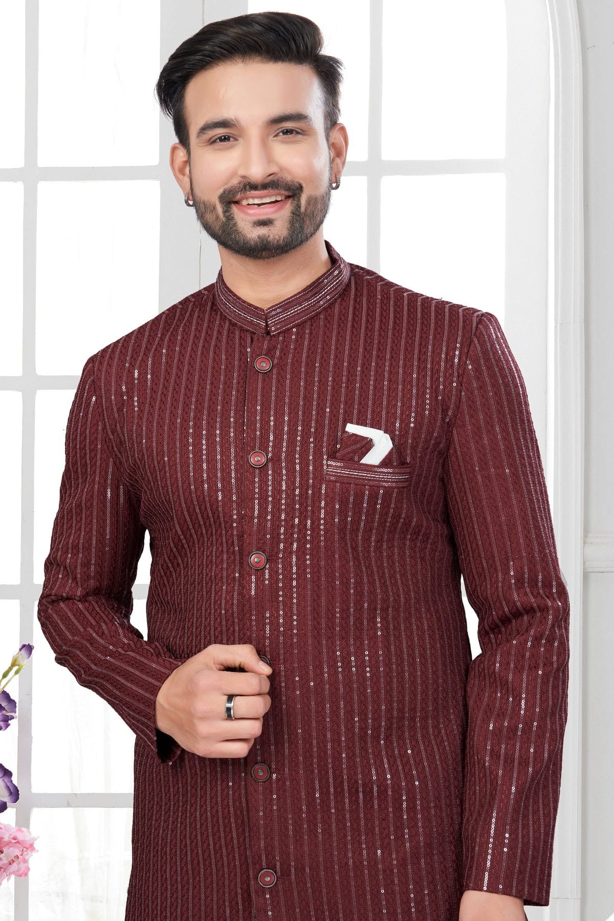 Maroon Colour Silk Dupion Dhoti Sherwani SH1040631 A