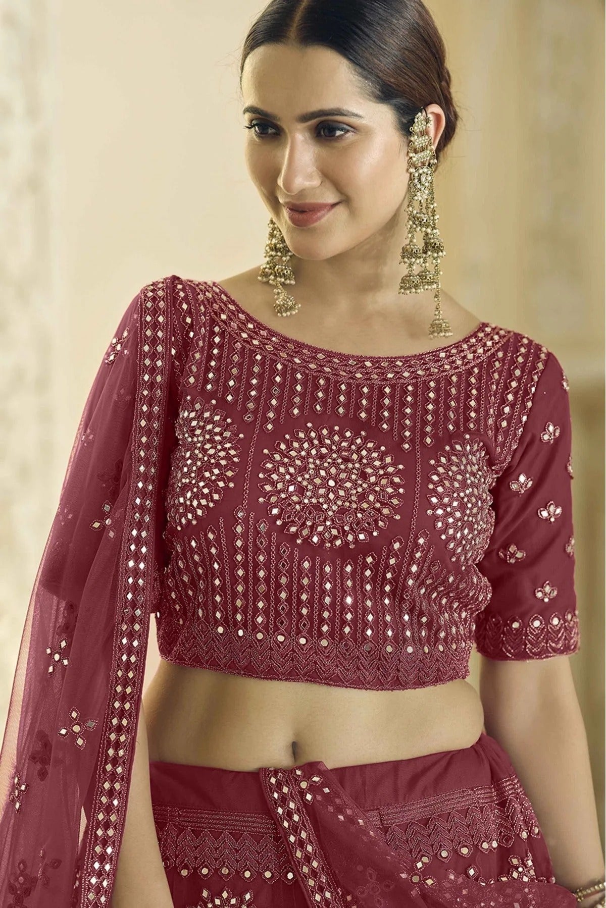 Maroon Colour Soft Net Mirror Work Lehenga Choli LC1080358 B