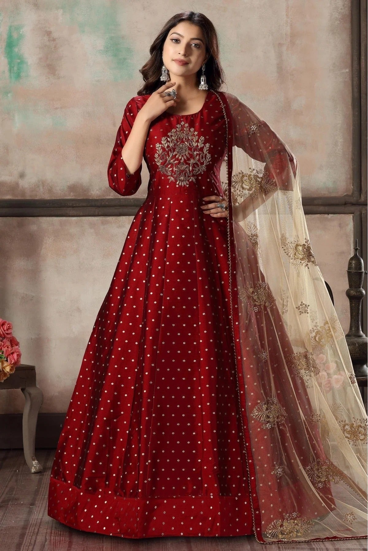 Maroon Colour Taffeta Silk Anarkali Suit SM1050028
