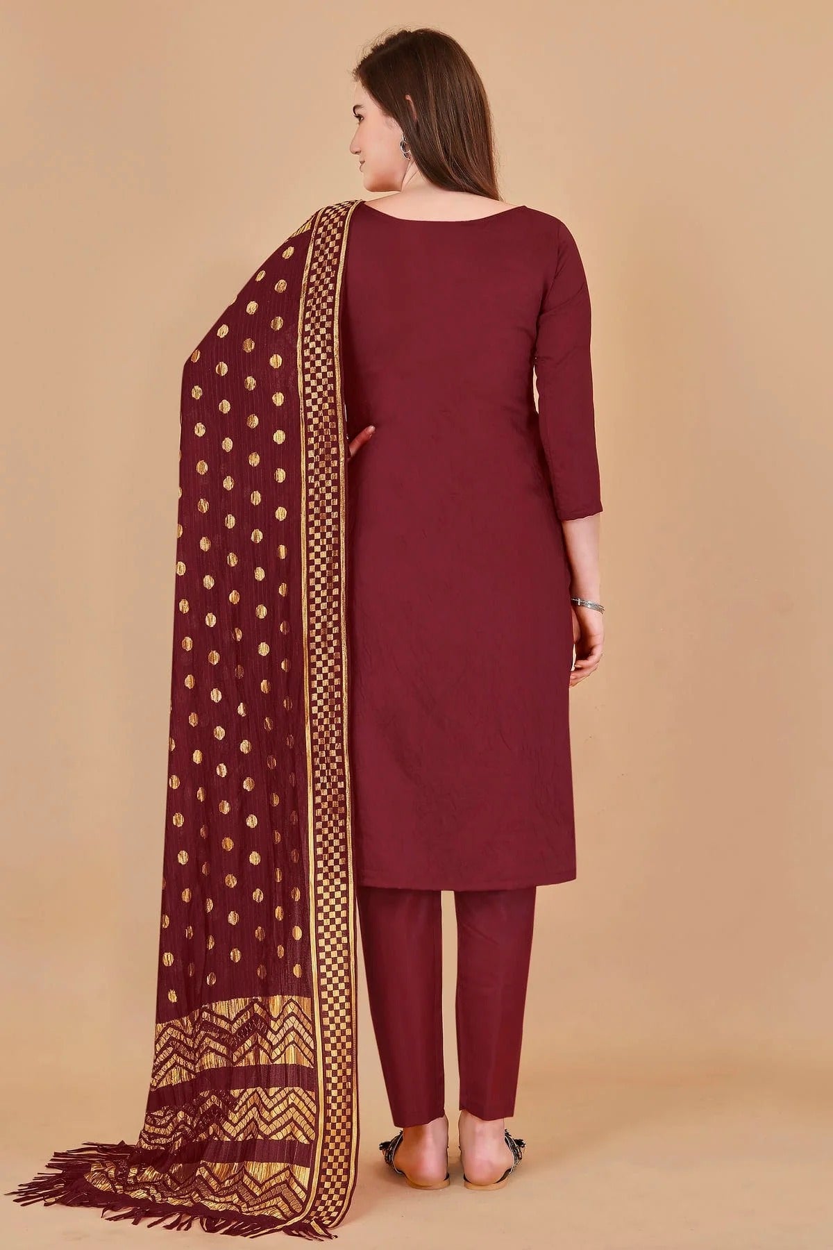 Maroon Colour Unstitched Cotton Jacquard Straight Suit US1160880 A