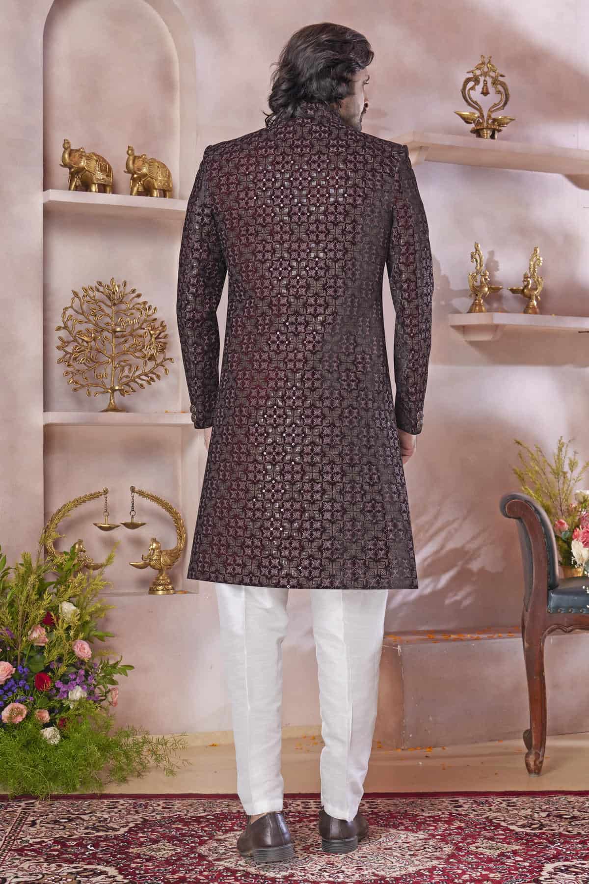 Maroon Colour Velvet Embroidery Work Sherwani