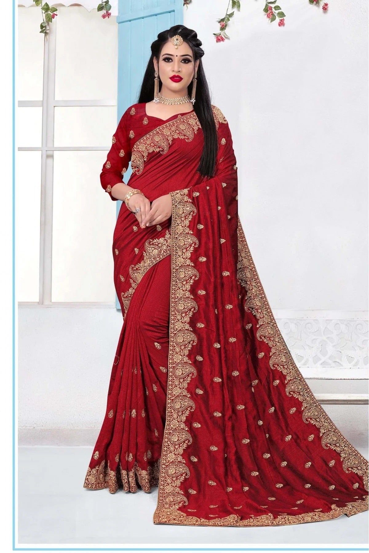 Maroon Colour Vichitra Silk Embroidery Saree SD1090144