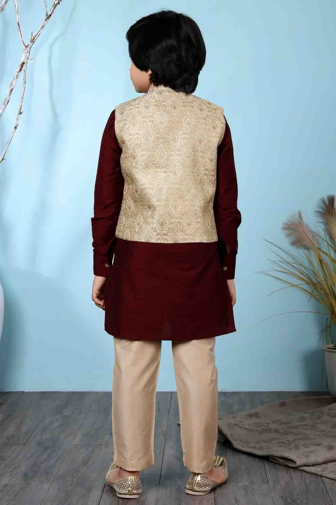 Maroon and Beige Colour Cotton Silk Kurta Pajama With Jacket BW1070094 C