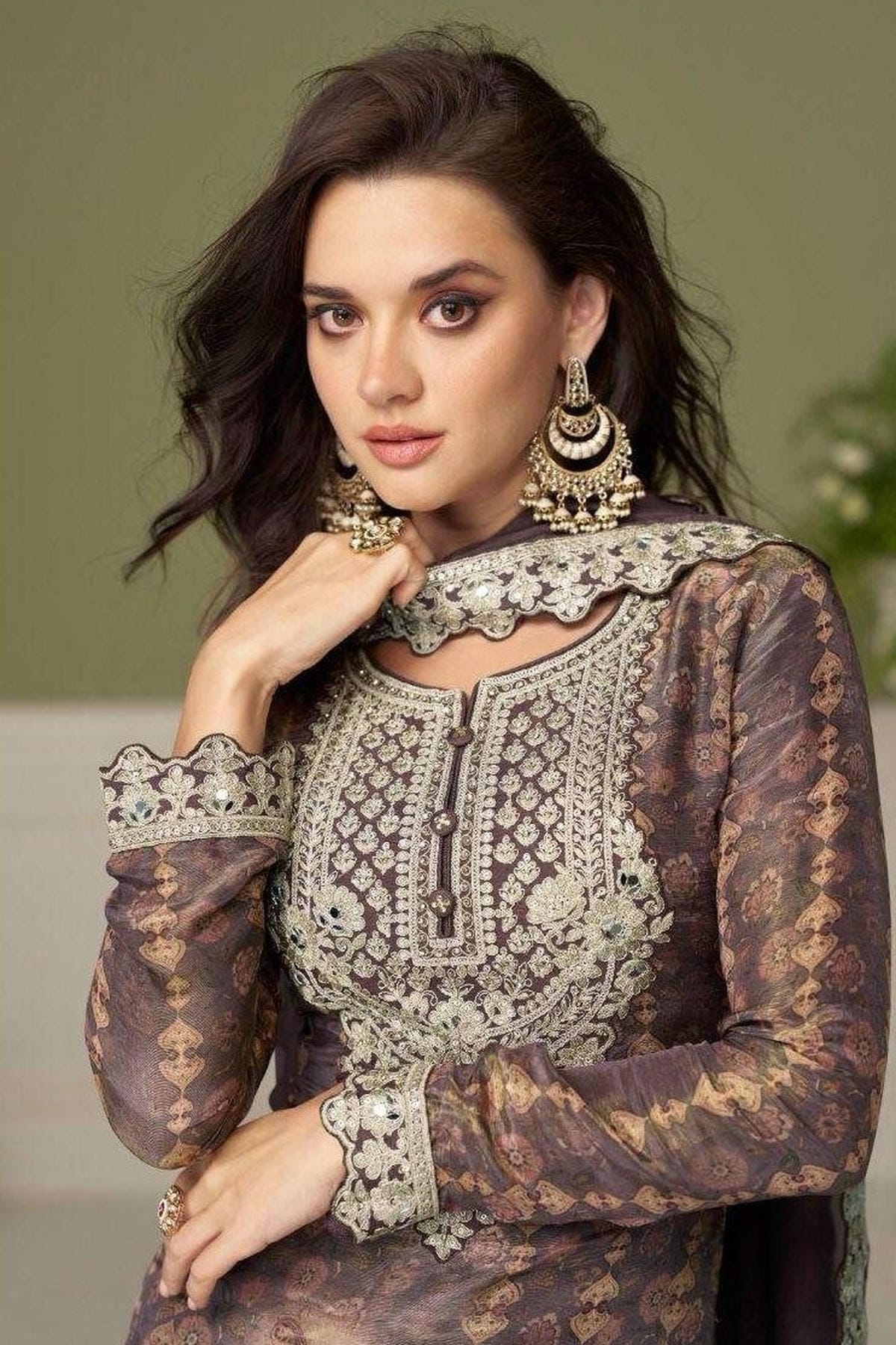 Mauve Colour Chinon Embroidery Work Palazzo Pant Suit