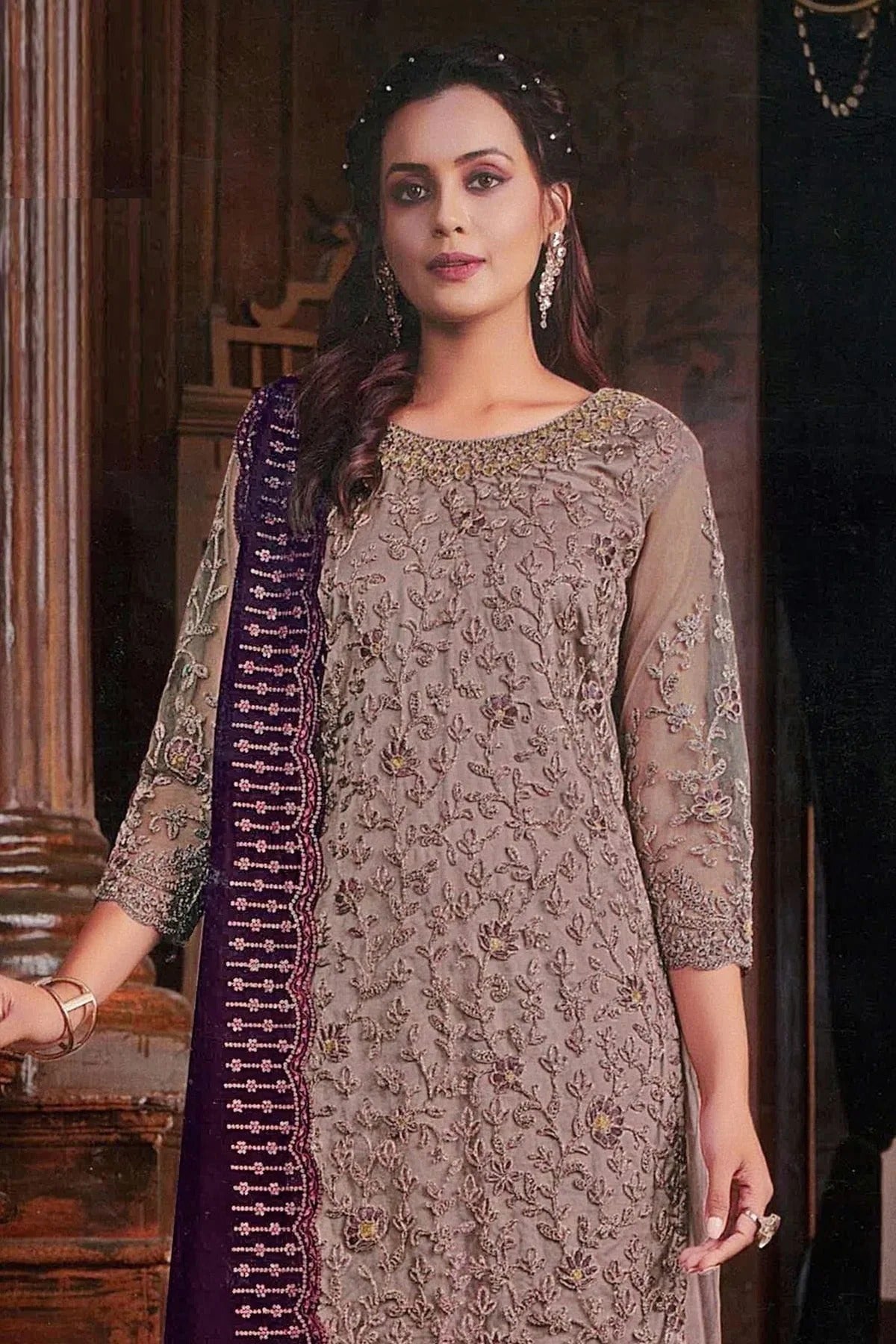 Mauve Colour Net Palazzo Pant Suit SM1110623 A