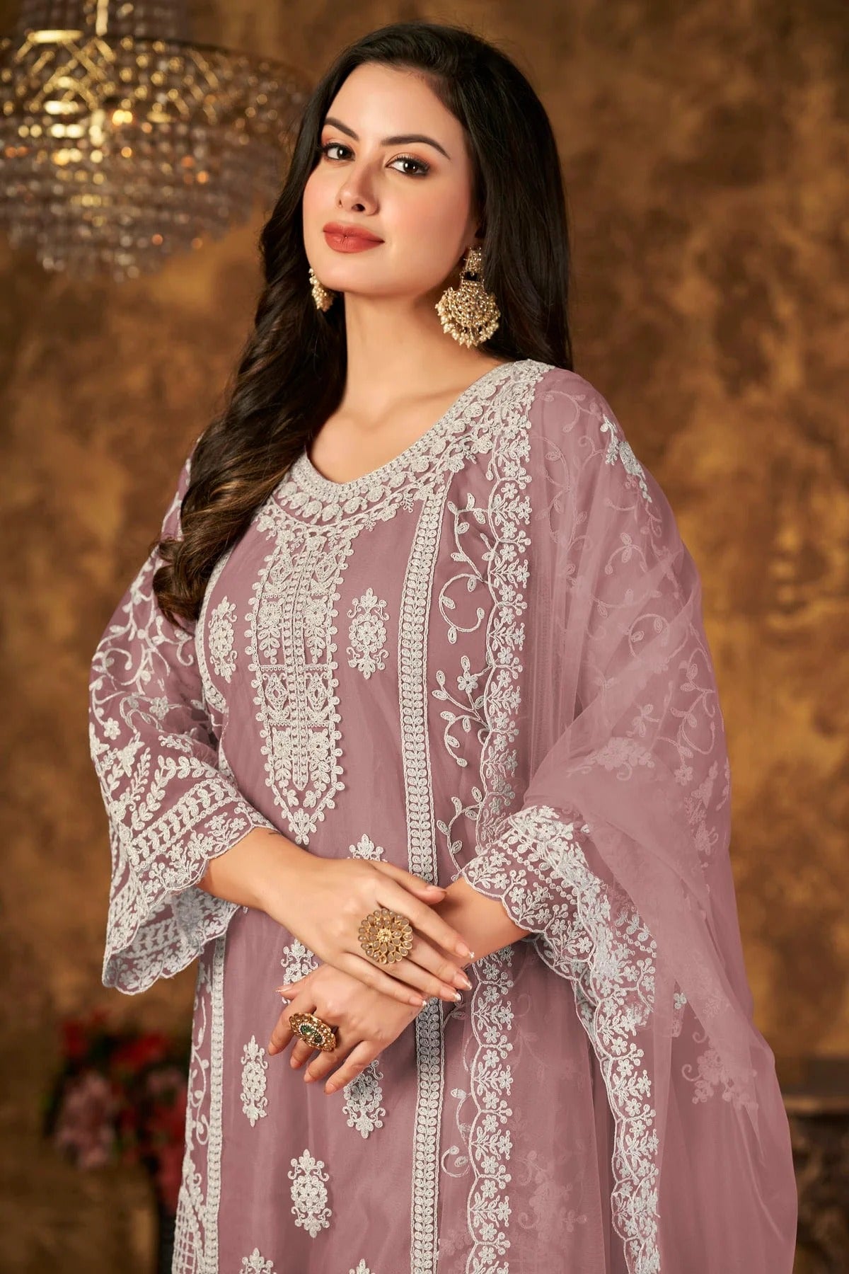 Mauve Colour Plazoo Pant Suit Net Semi Stitched SM1050530 A