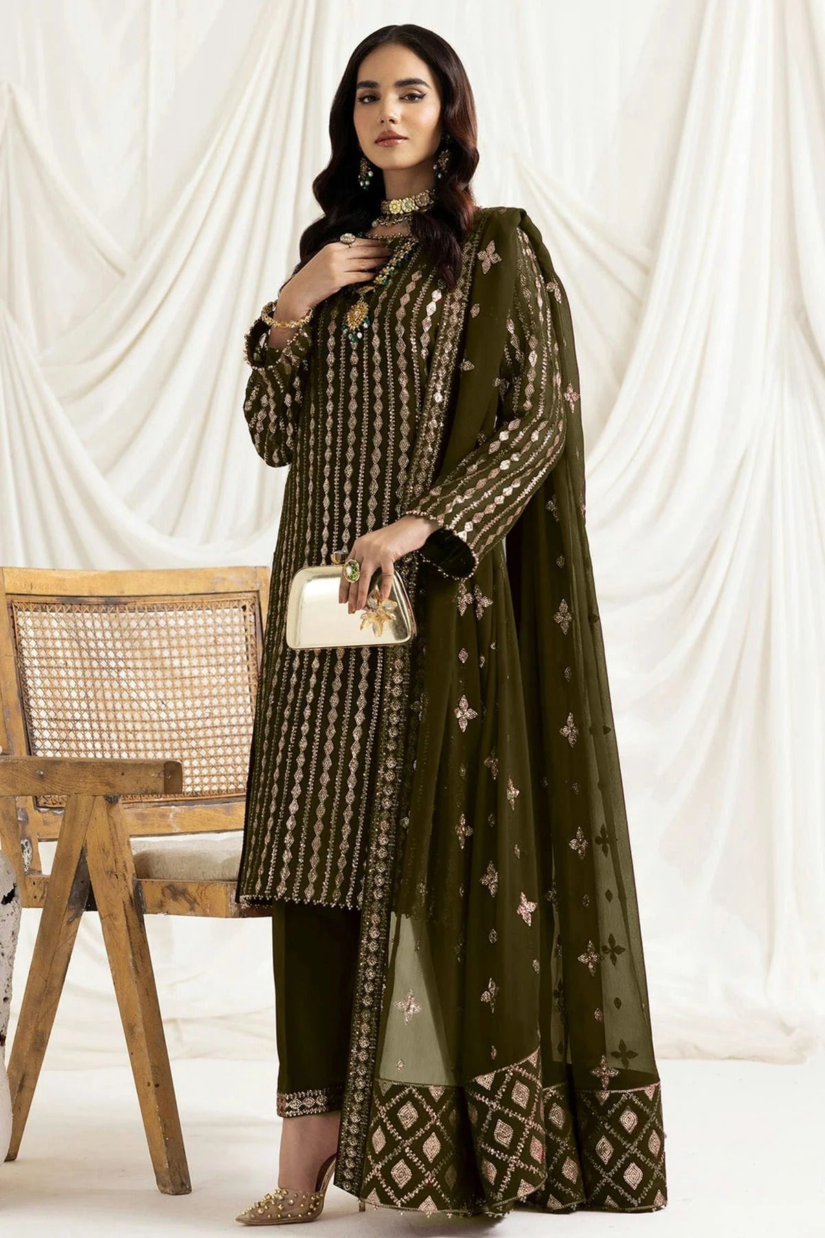 Mehendi Green Colour Georgette Semi Stitched Pakistani Suit SM1250195 A