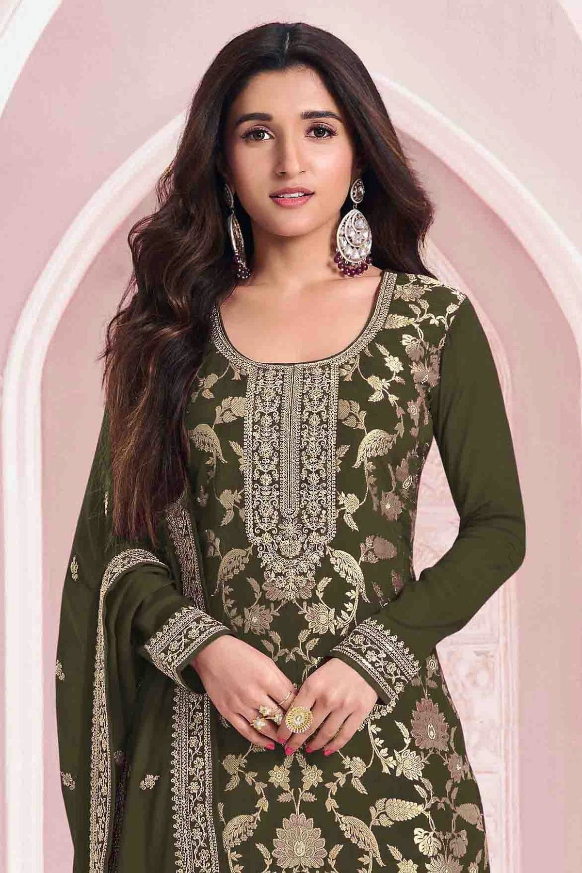 Mehendi Green Colour Jacquard Viscose Pant Style Suit SM1140909 A
