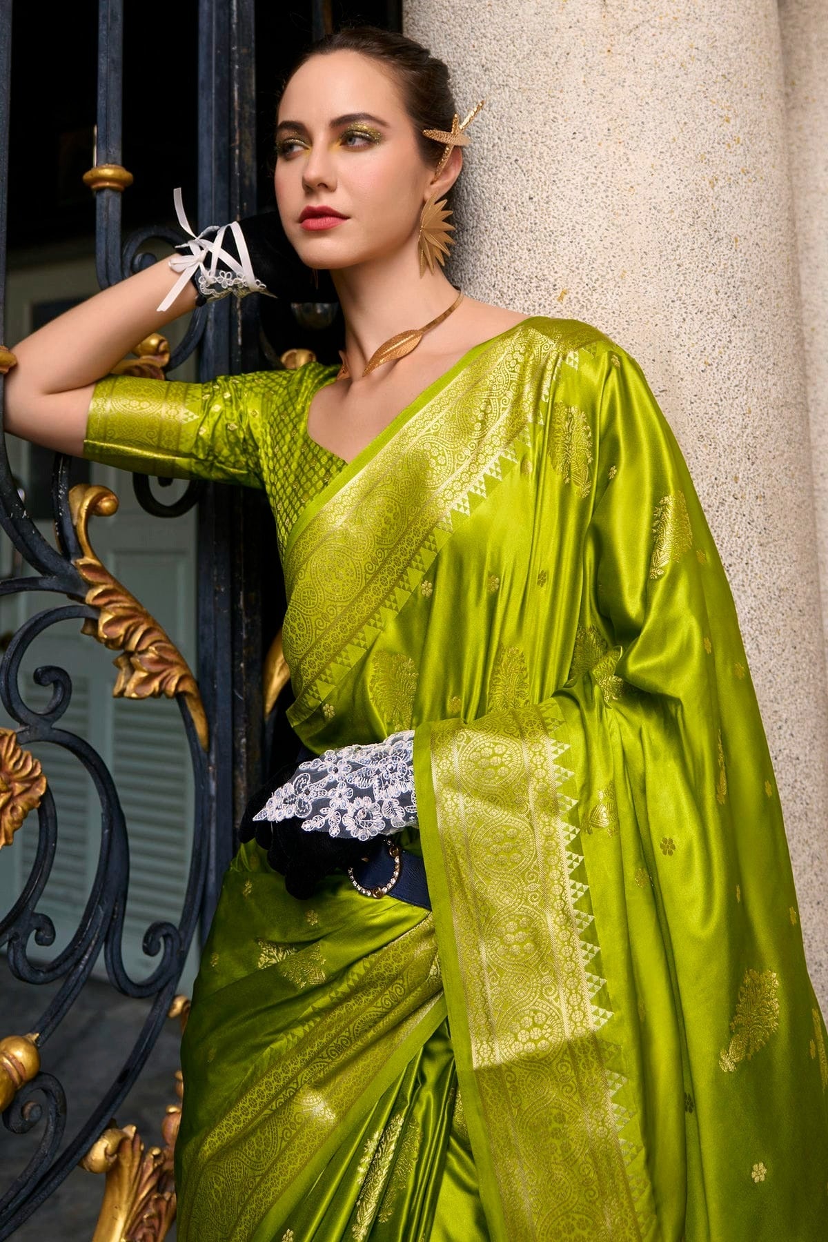 Mehendi Green Colour Satin Munga Silk Woven Work Saree SD1290066 A