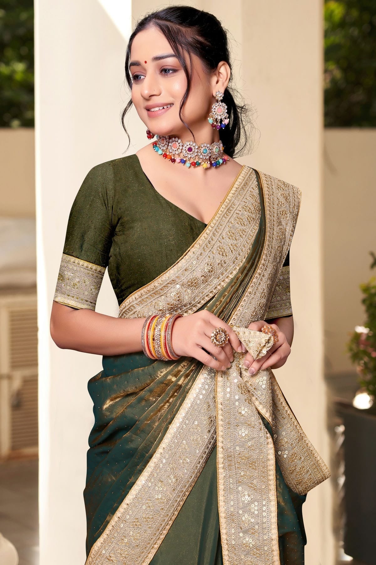 Mehendi Green Colour Silk Designer Saree LC1121692 A