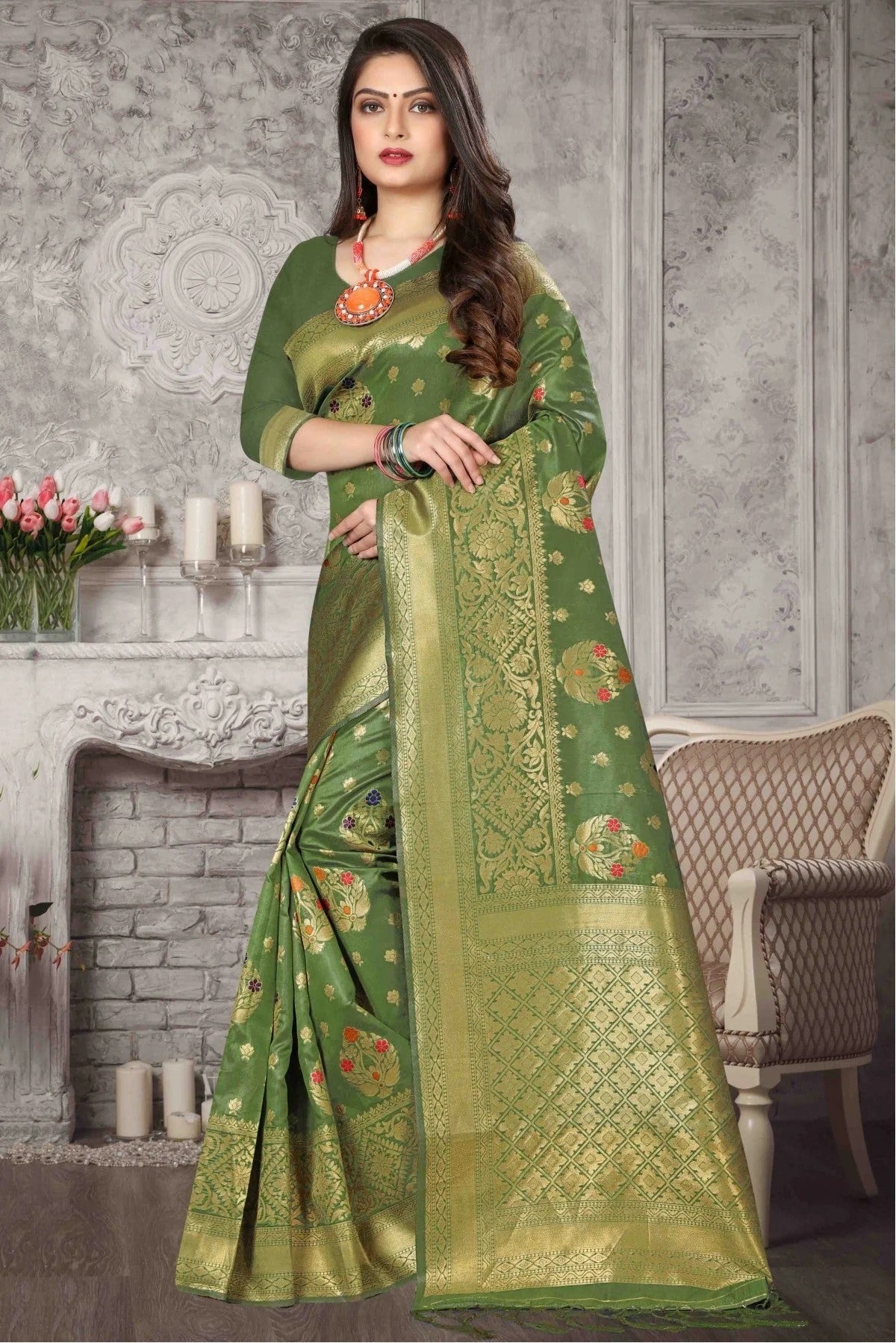 Mehendi and Green Colour Banarasi Art Silk Traditional Saree SD1120718 A