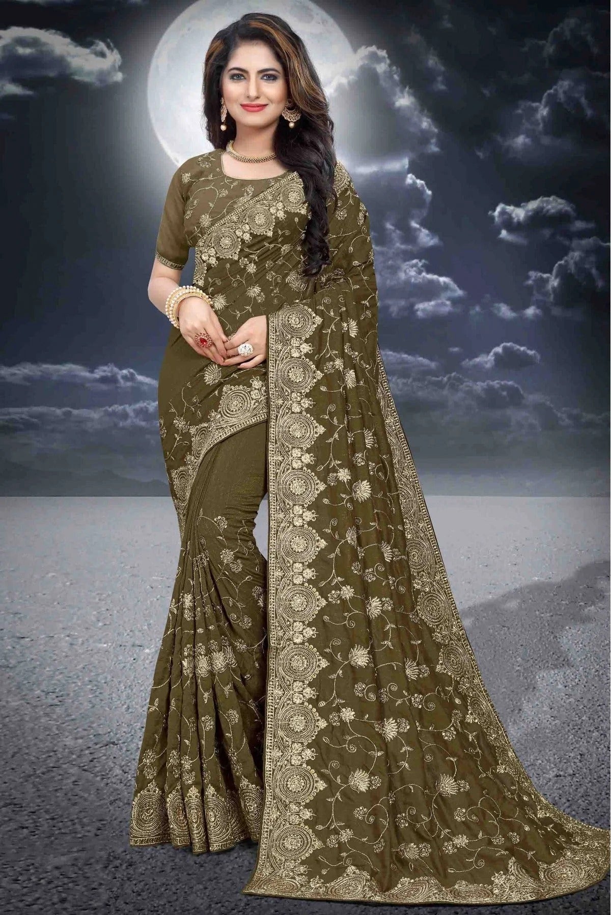 Mehendi and Green Colour Vichitra Silk Designer Saree SD1090090