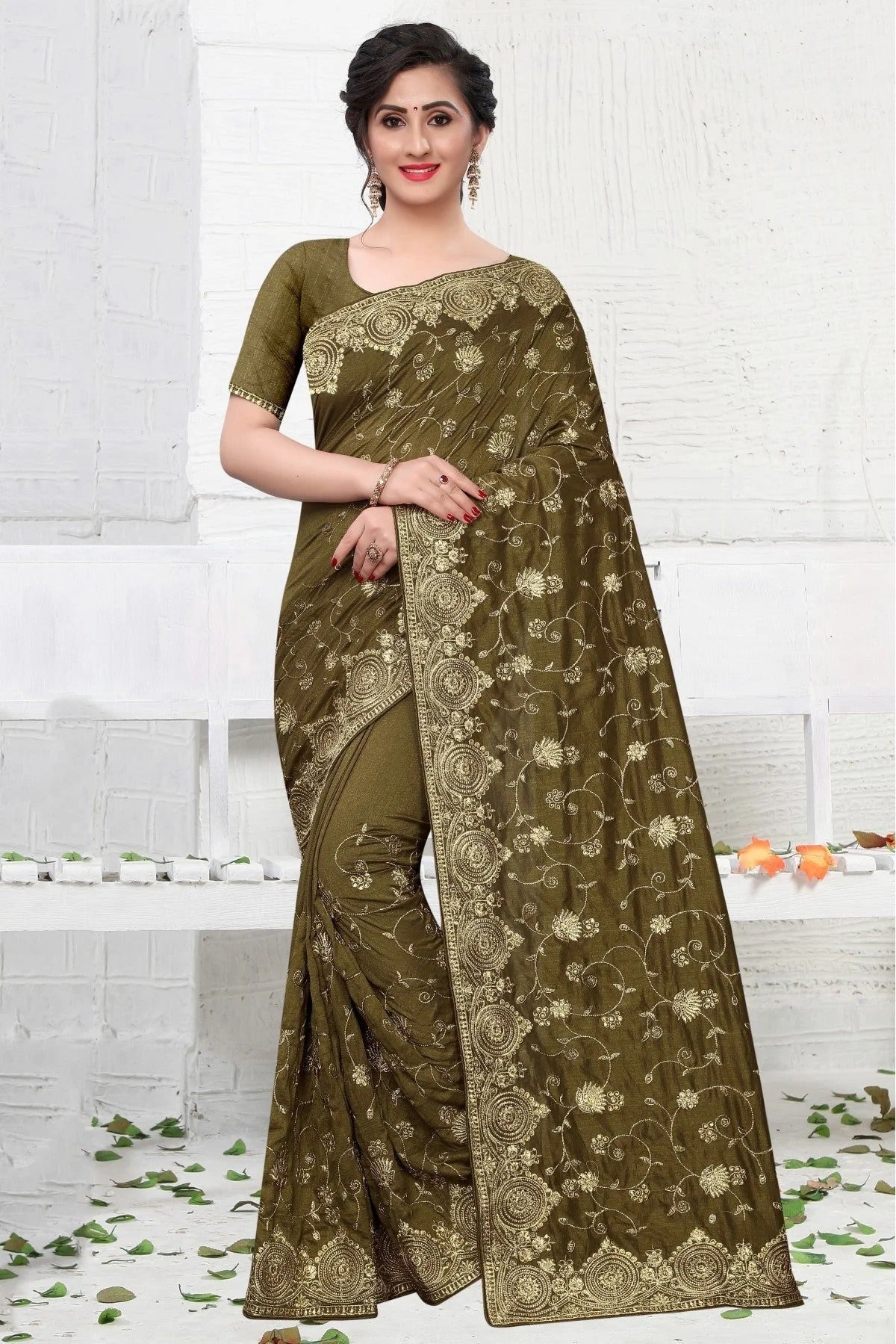 Mehendi and Green Colour Vichitra Silk Designer Saree SD1090126