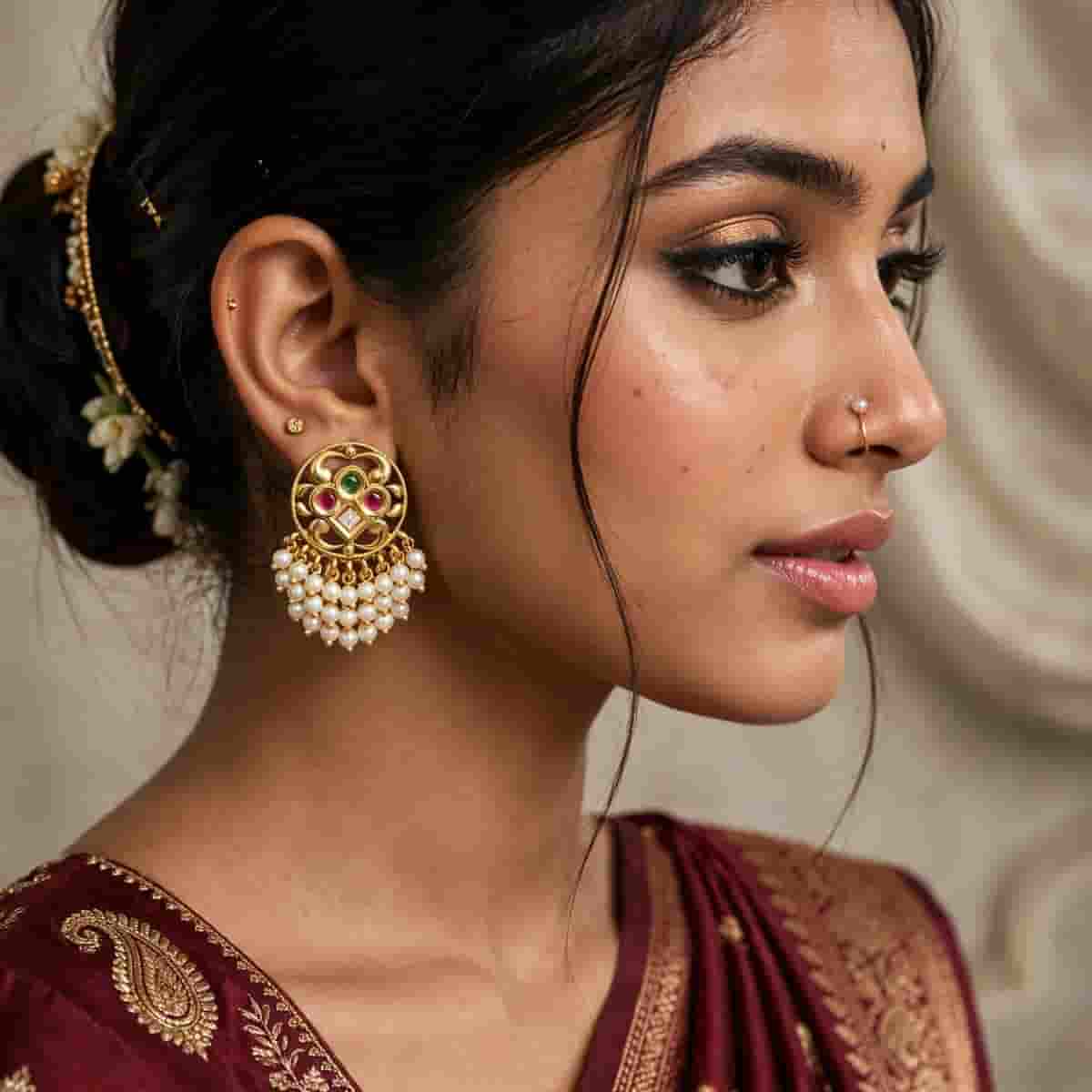 Micro Gold Tone Pearl Drop Jhumka Earrings with Multicolor Stone Detailing