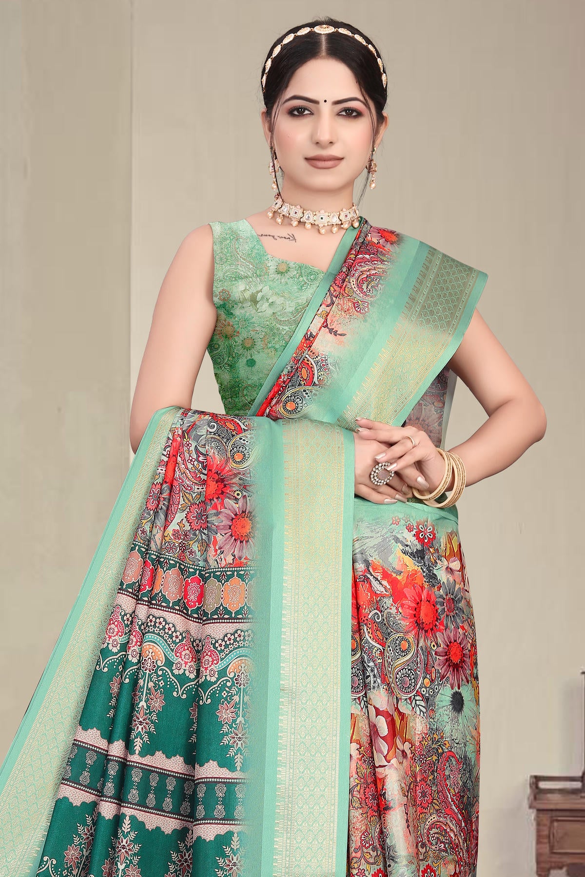Mint Green Colour Cotton Silk Printed Saree