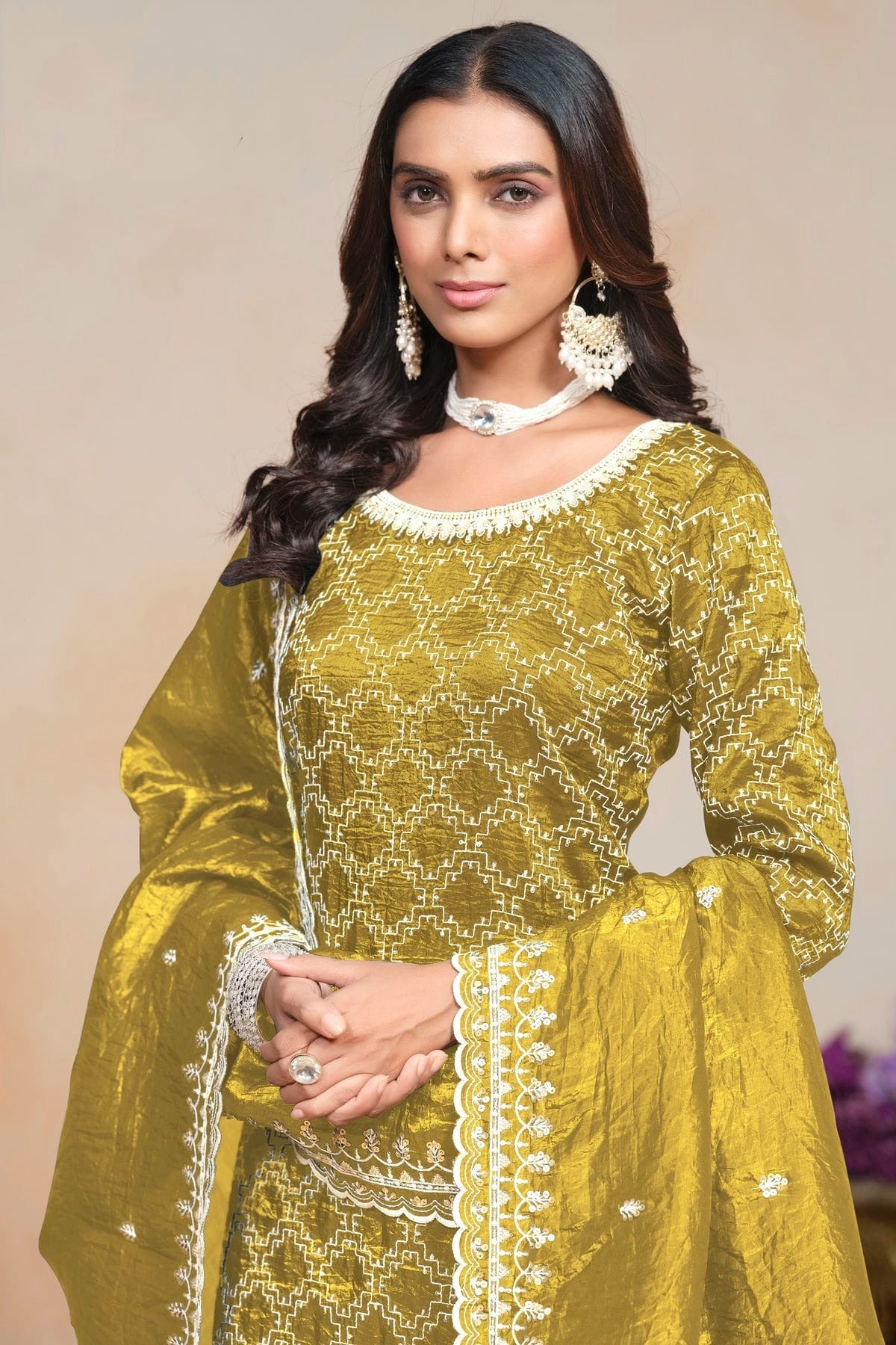 Mustard Colour Gold Crush Semi Stitched Palazzo Pant Suit SM1050613 B