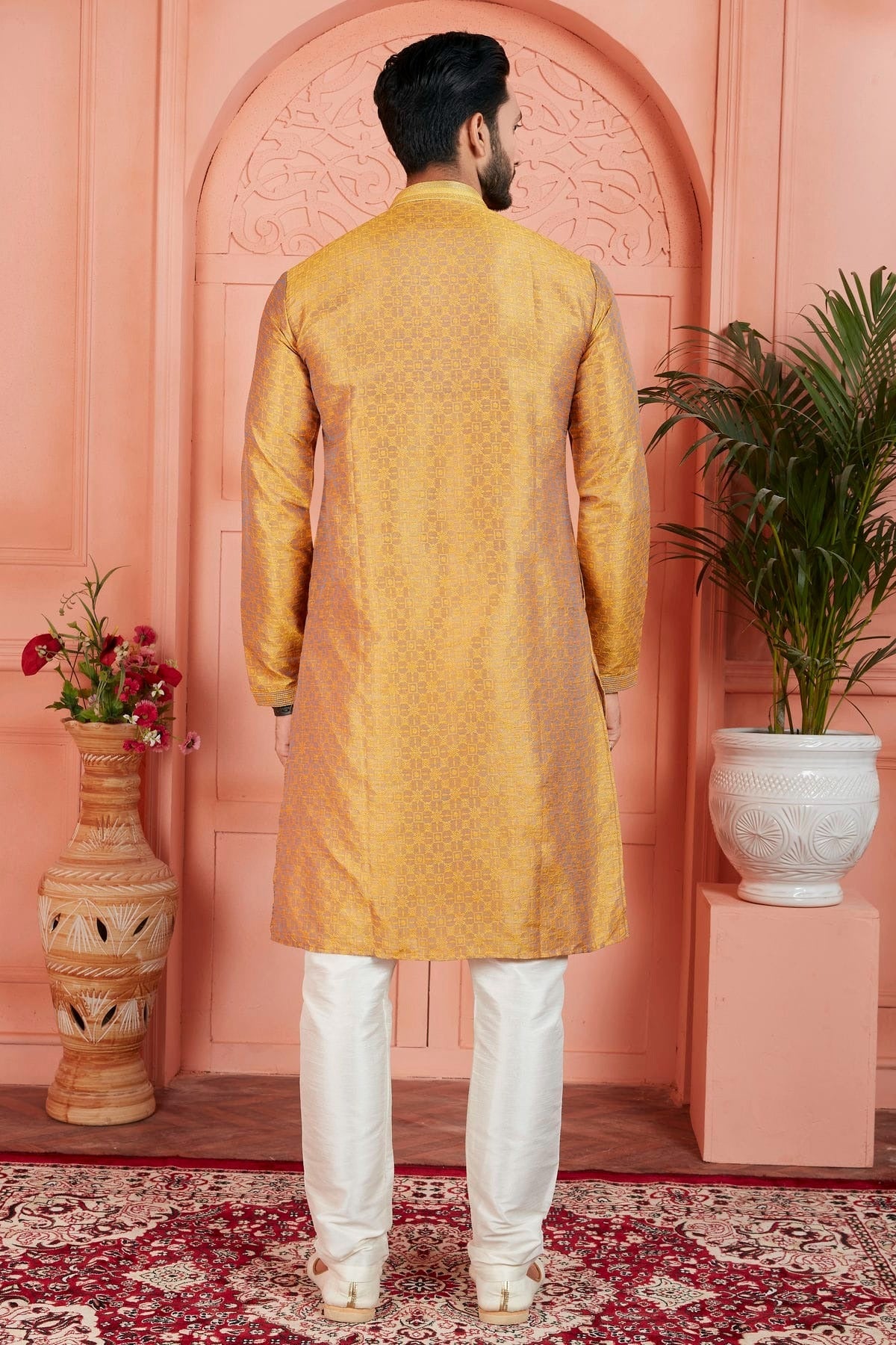 Mustard Colour Jacquard Silk Brocade Kurta Pajama KP1230235 B