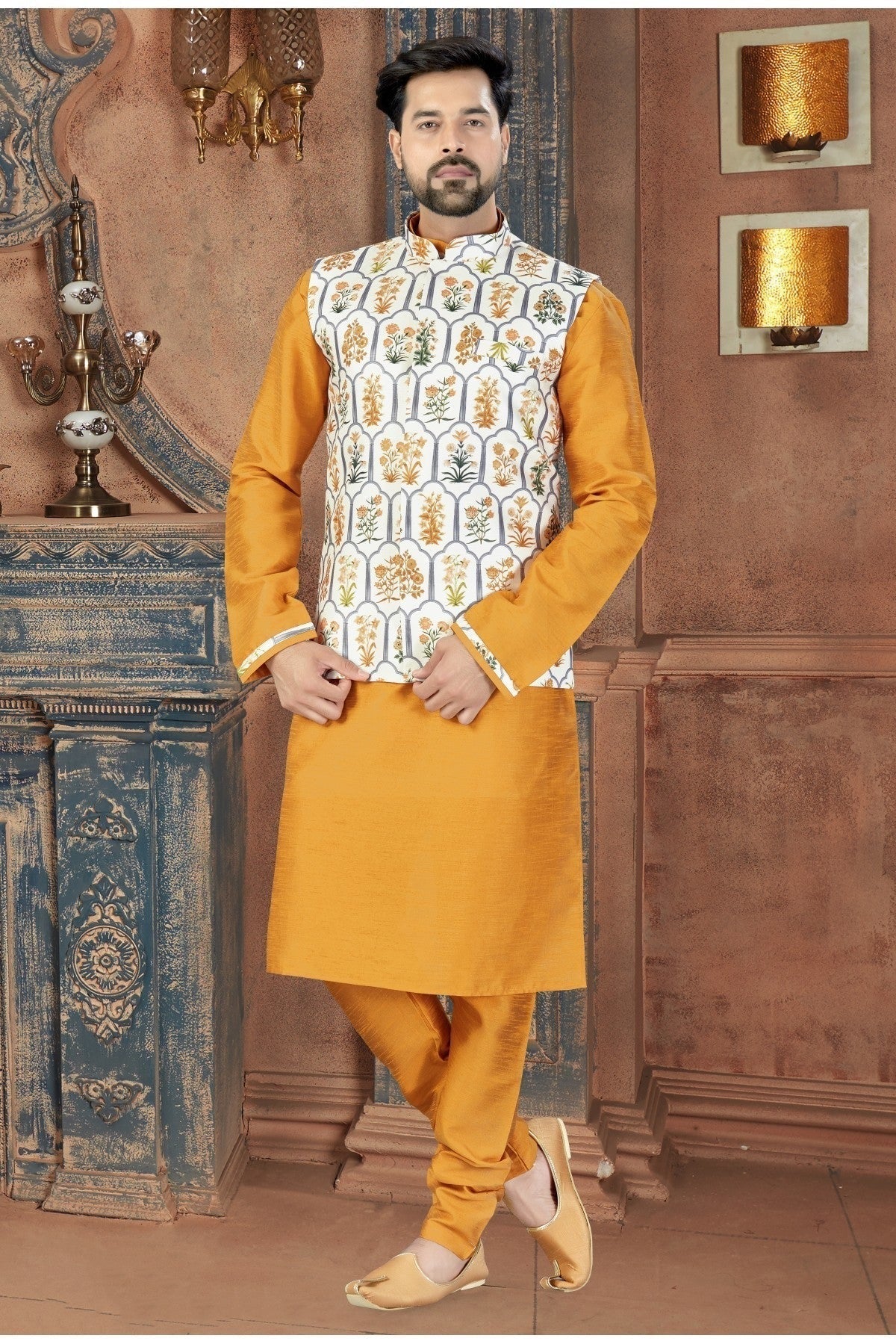 Mustard Colour Kurta Pajama With Jacket In Silk Fabric KP1040168