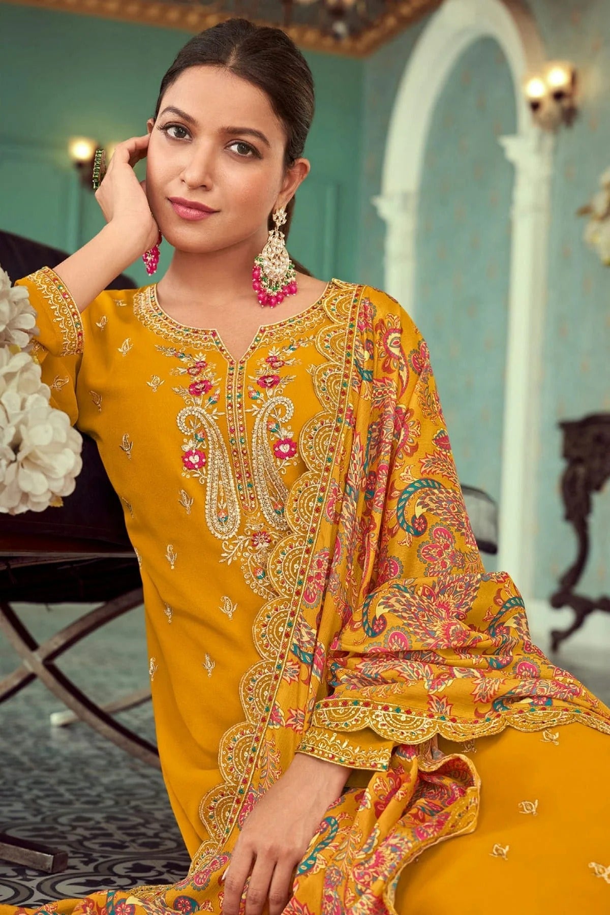 Mustrad Colour Semi Stitched Georgette Pant Style Suit SM1140141 A
