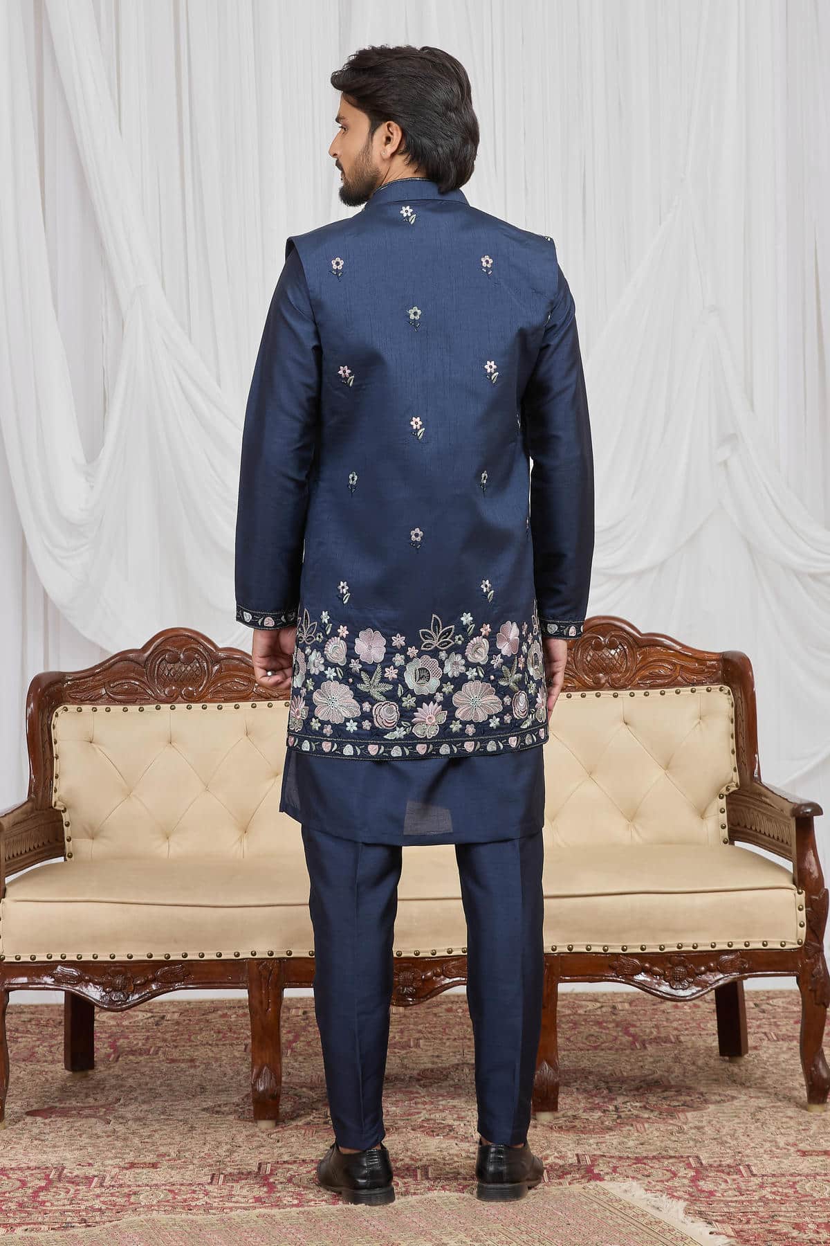 Navy Blue Colour Art Silk Embroidery Work 3 Pcs Long Kurta Jacket Set KP1230605