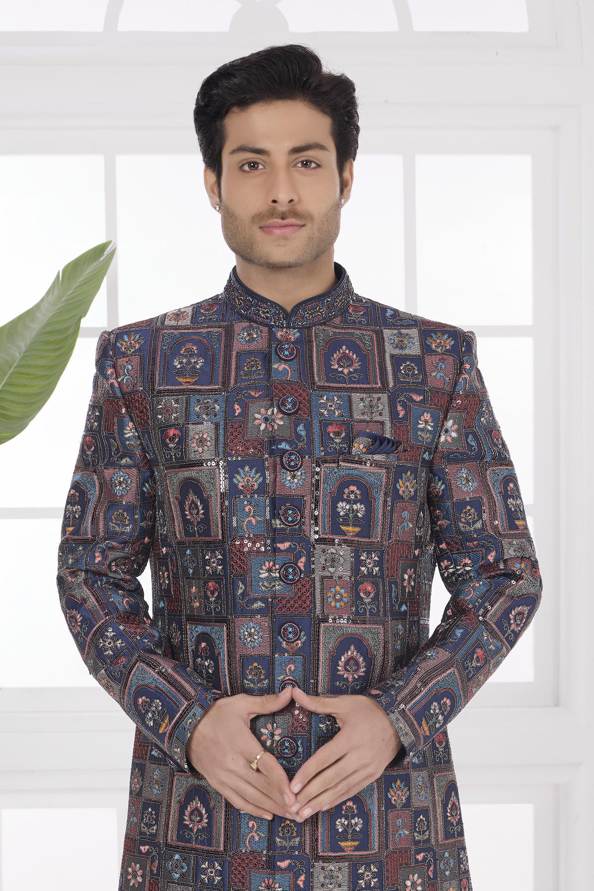 Navy Blue Colour Art Silk Embroidery Work Sherwani