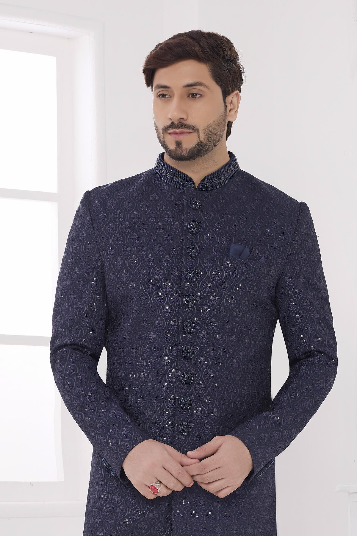 Navy Blue Colour Art Silk Embroidery Work Sherwani