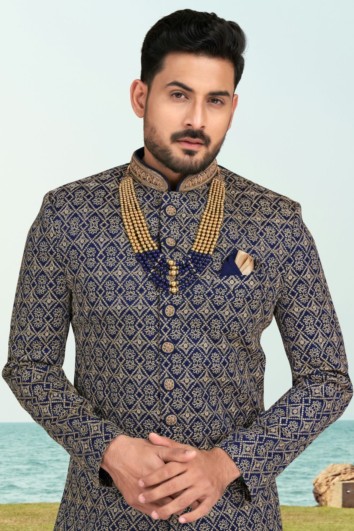Navy Blue Colour Banarasi Silk Sherwani SH1040531 A