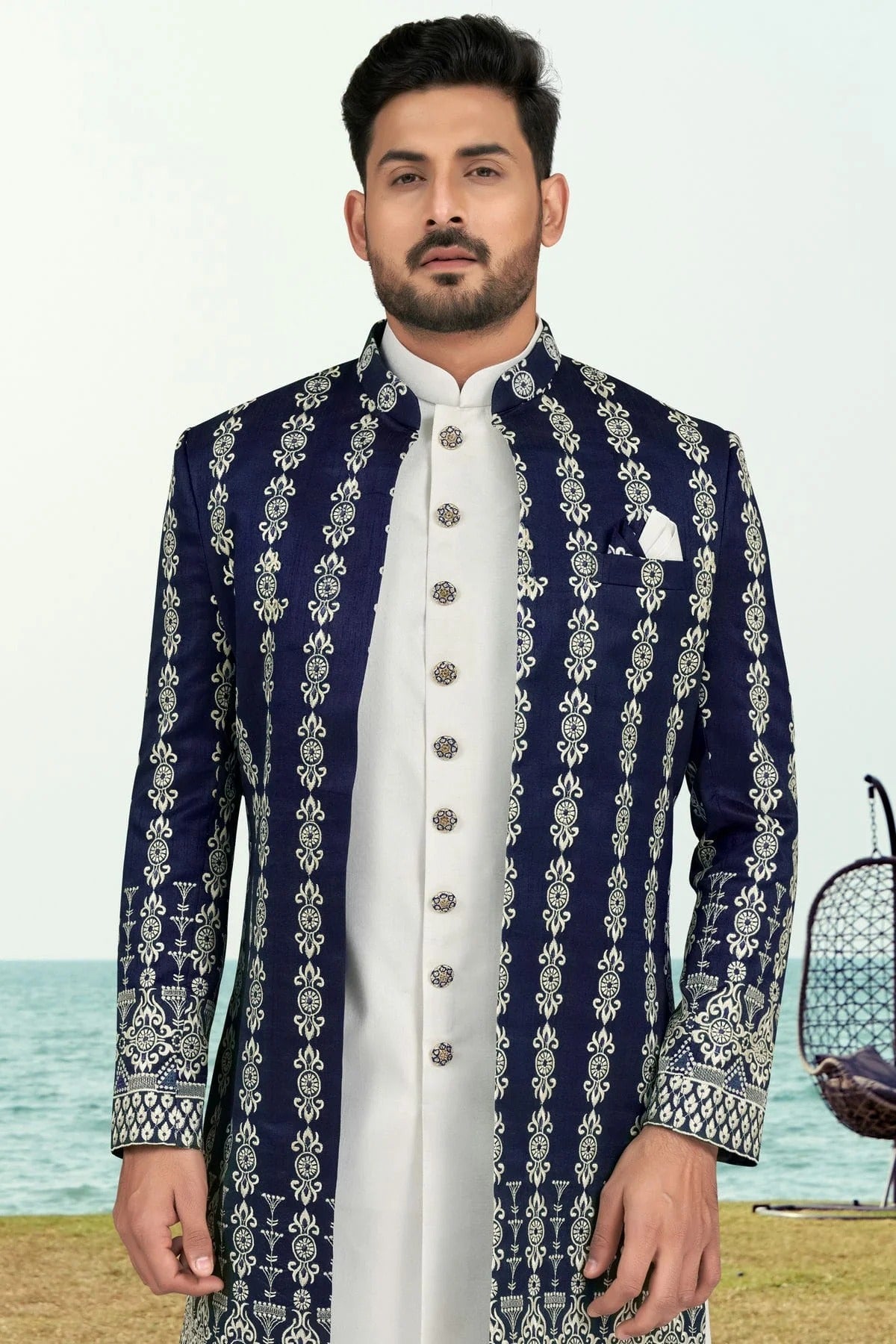 Navy Blue Colour Banarasi Silk Sherwani SH1040539 A