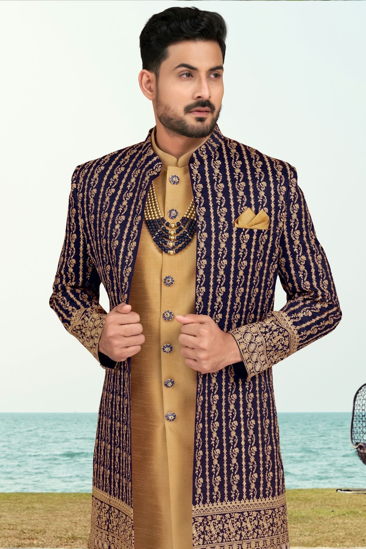 Navy Blue Colour Banarasi Silk Sherwani SH1040541 A