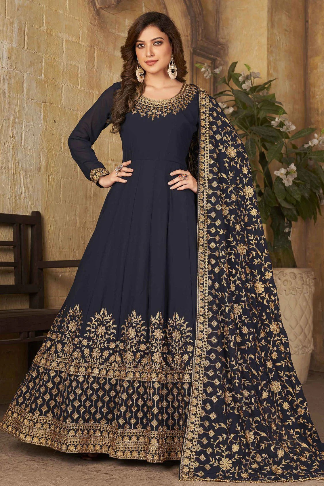 Navy Blue Colour Faux Georgette Embroidery Anarkali Suit SM1050252