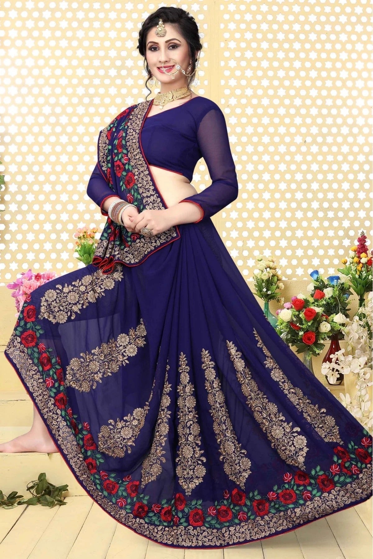 Navy Blue Colour Georgette Embroidered Saree SD1120423 A
