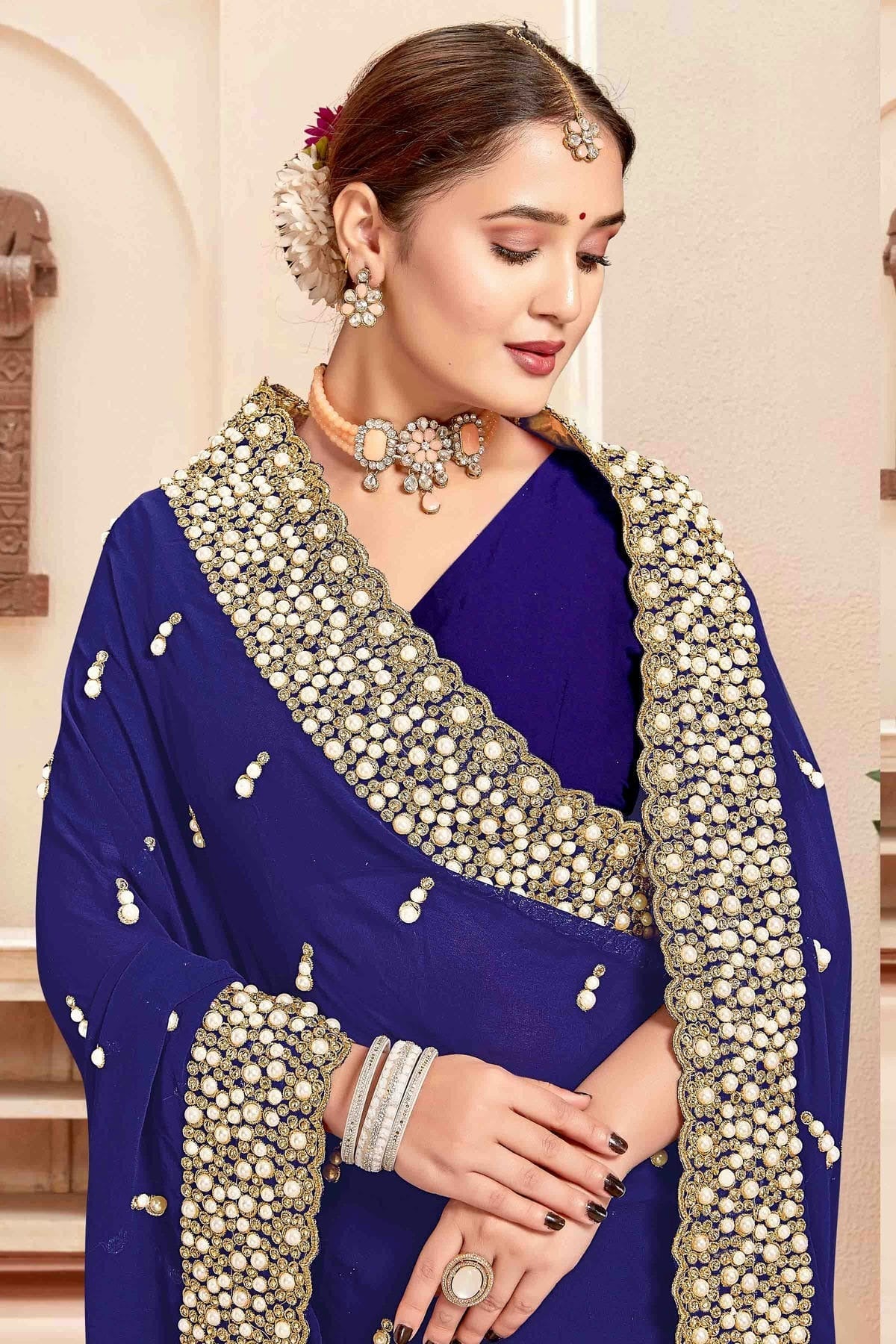 Navy Blue Colour Georgette Embroidery Work Designer Saree SD1091245 A