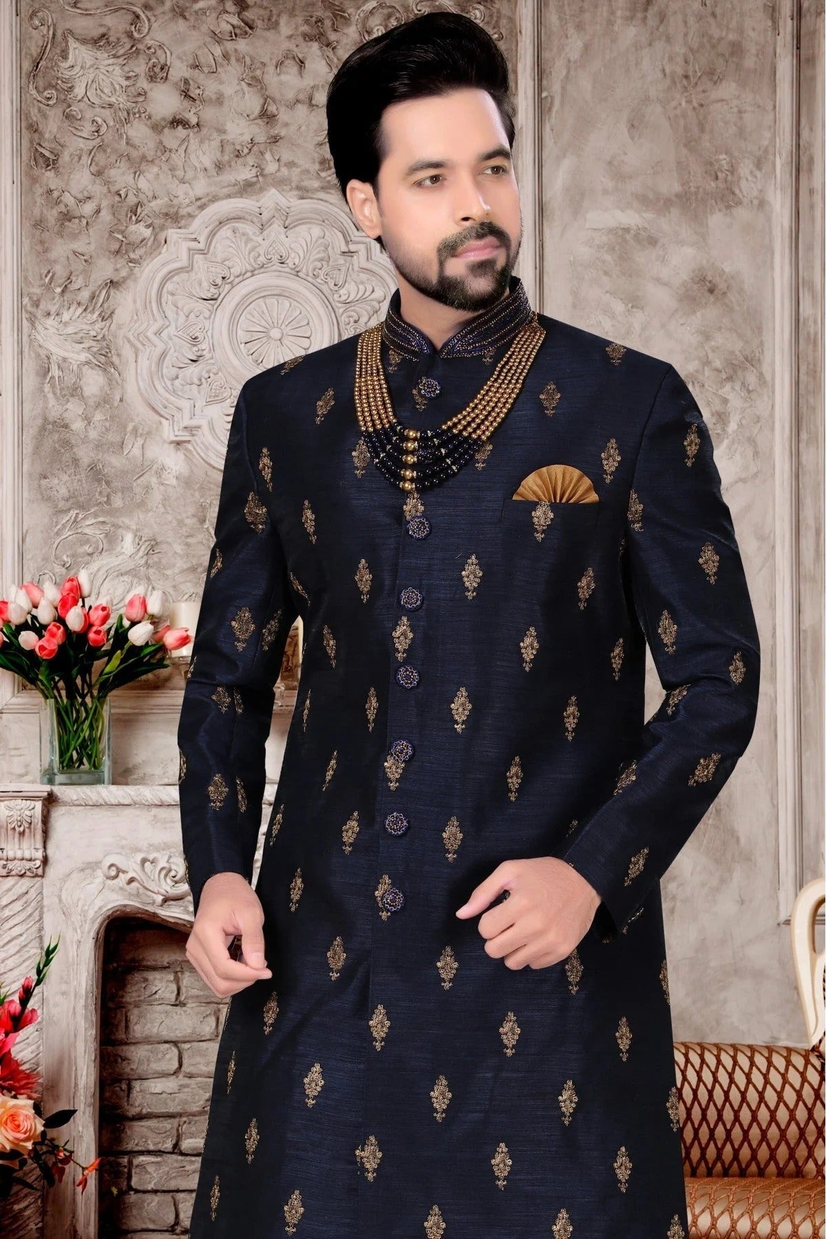 Navy Blue Colour Jacquard Dhoti Sherwani SH1040293 A