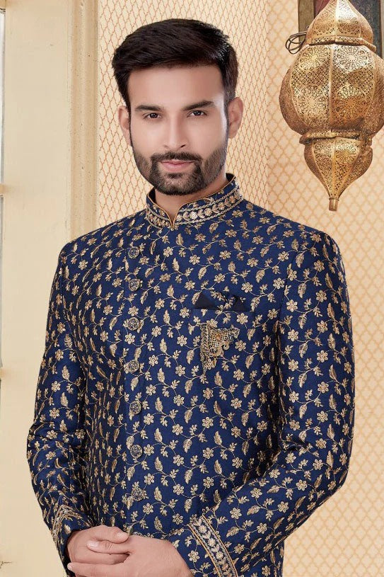Navy Blue Colour Jacquard Sherwani SH1040277 A